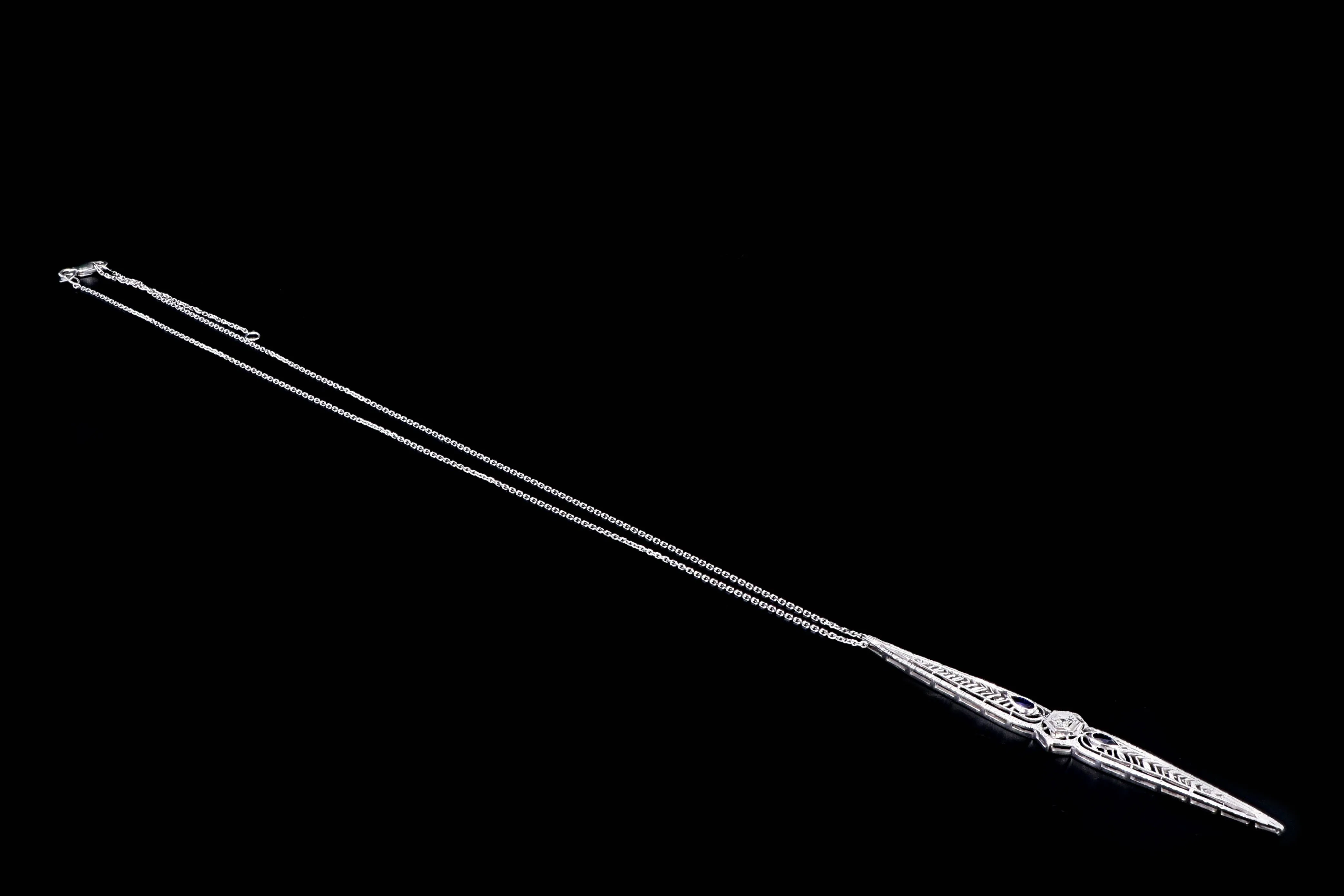 Art Deco 14K White Gold .02 Carat Diamond & Synthetic Sapphire Bar Pin Conversion Pendant Necklace