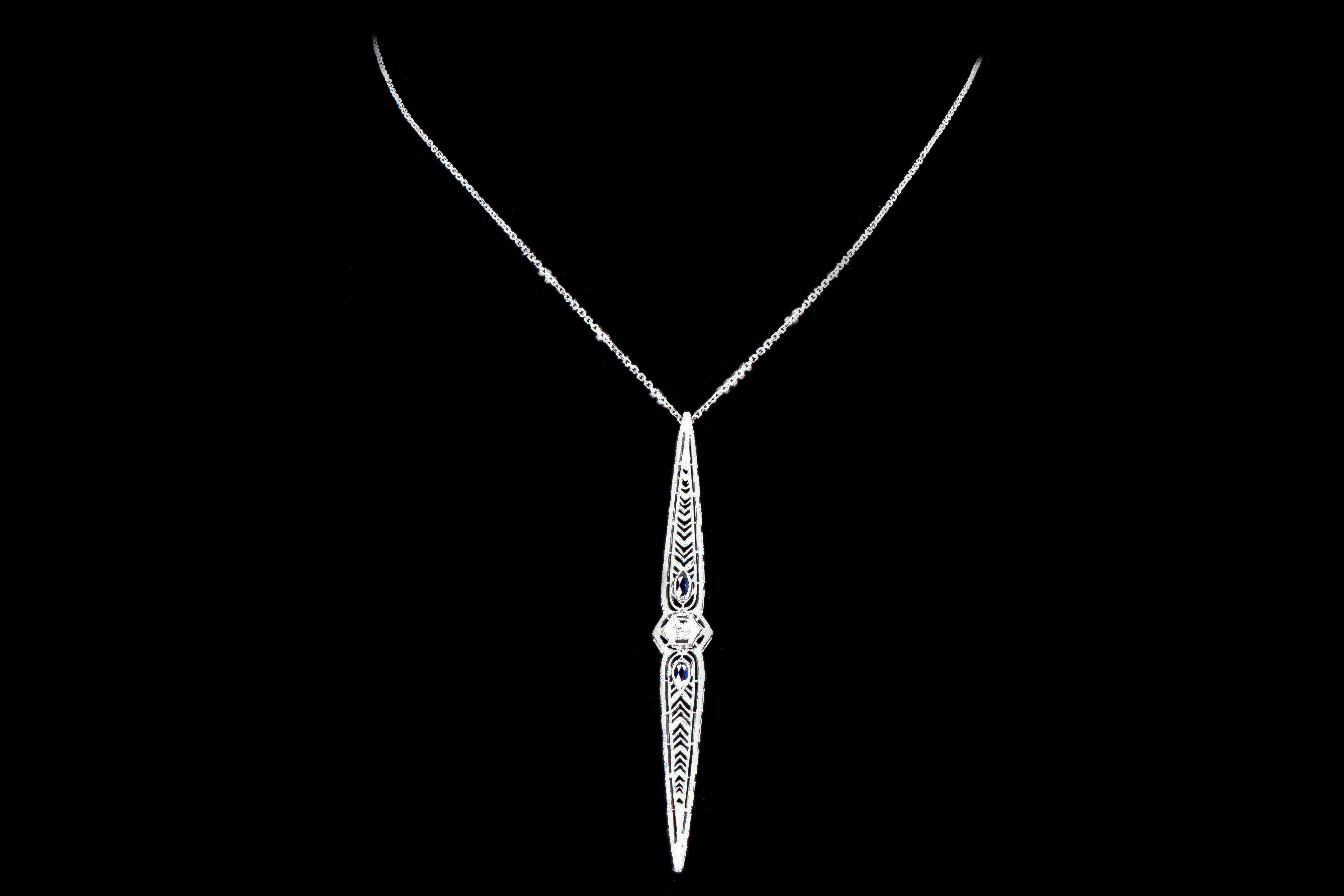 Art Deco 14K White Gold .02 Carat Diamond & Synthetic Sapphire Bar Pin Conversion Pendant Necklace