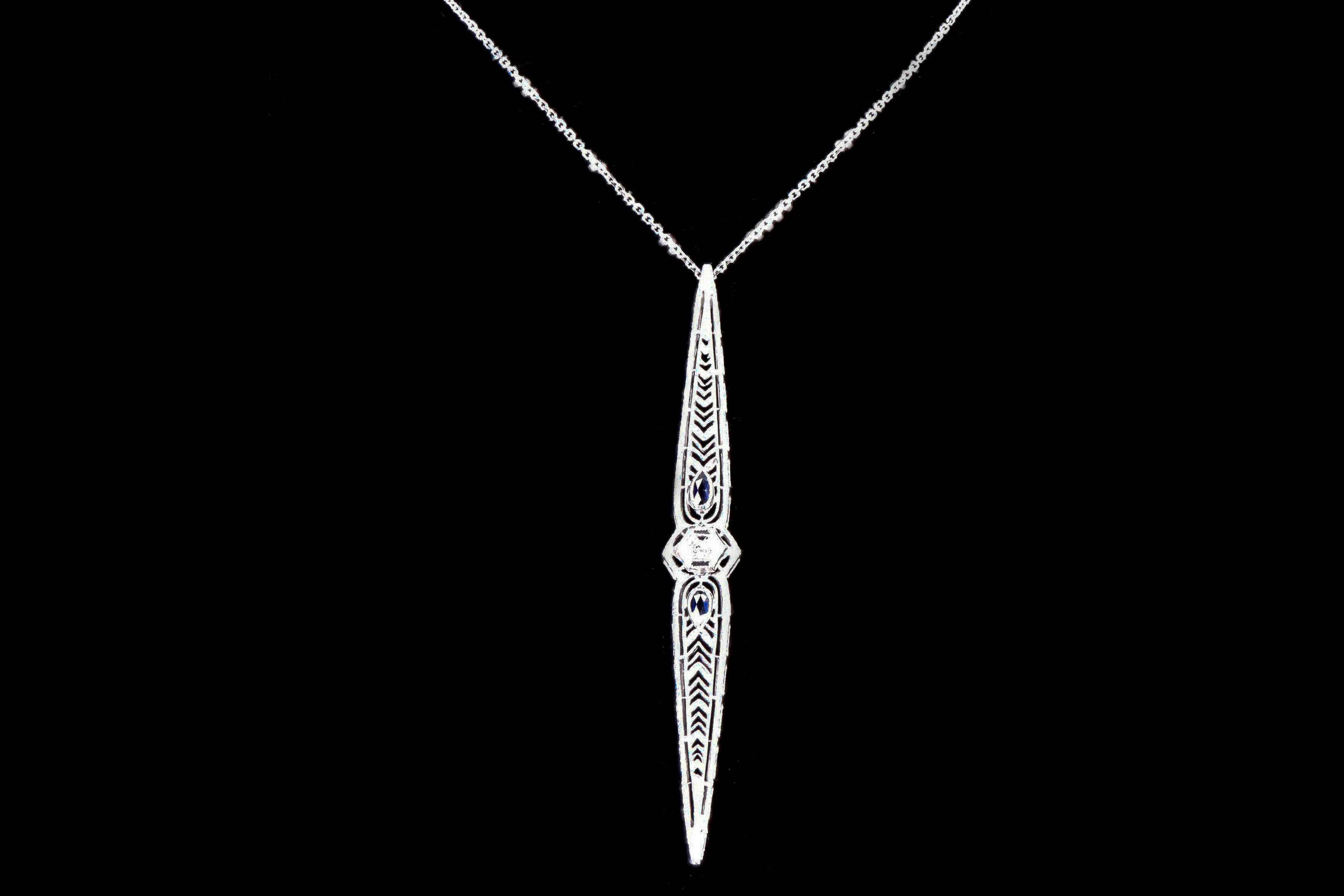 Art Deco 14K White Gold .02 Carat Diamond & Synthetic Sapphire Bar Pin Conversion Pendant Necklace