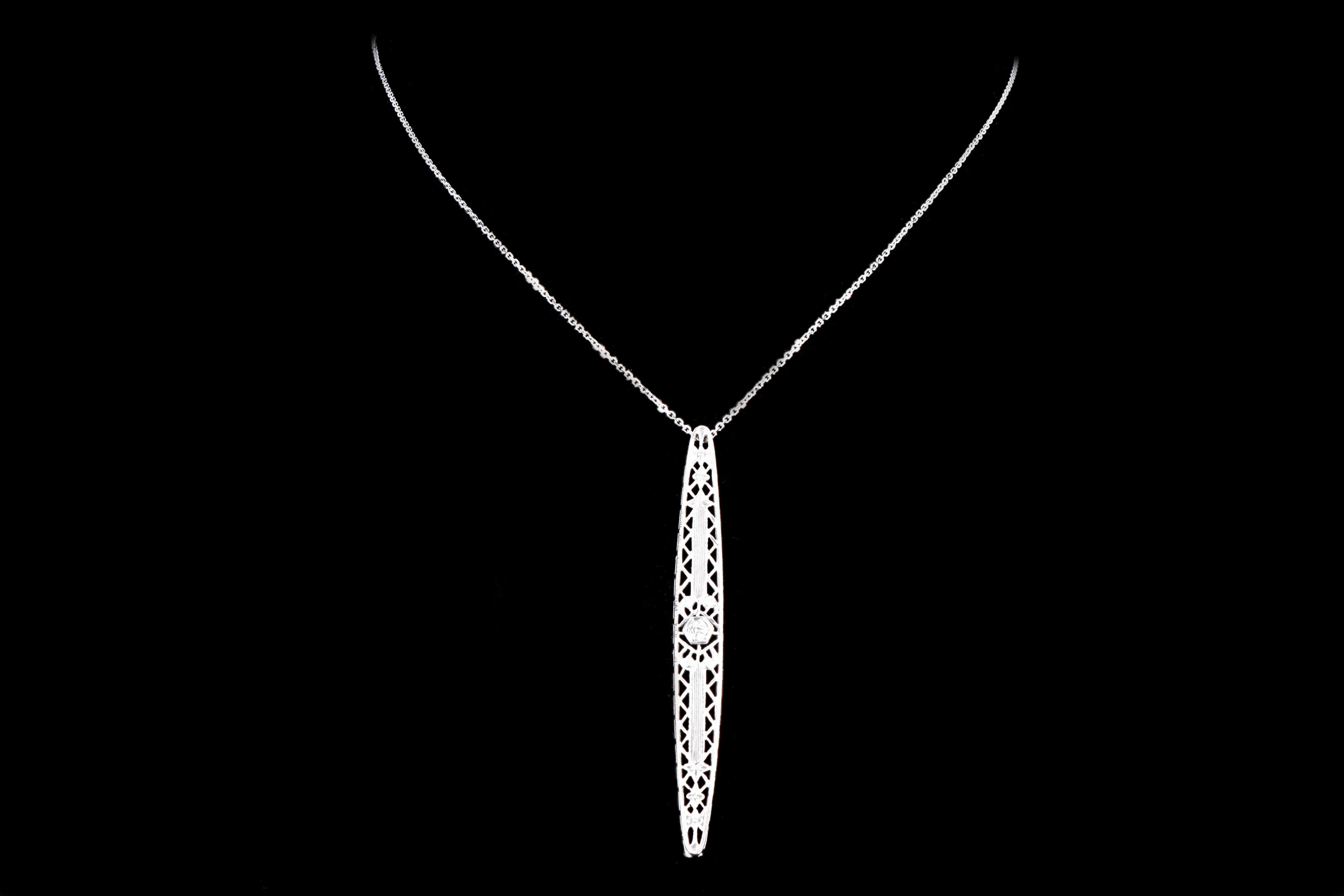 Art Deco 14K White Gold .07 Carat Diamond Bar Pin Conversion Pendant Necklace