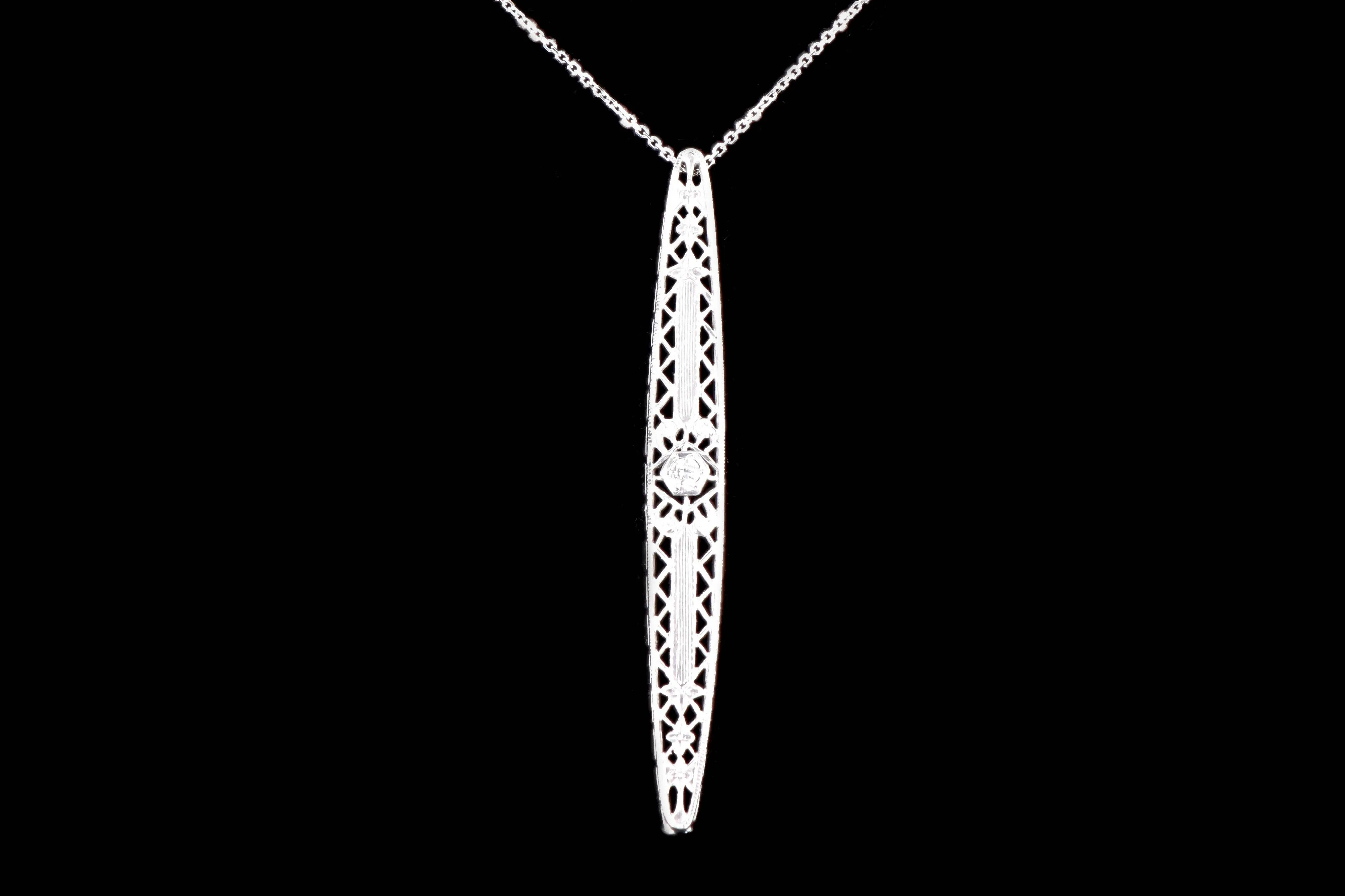 Art Deco 14K White Gold .07 Carat Diamond Bar Pin Conversion Pendant Necklace