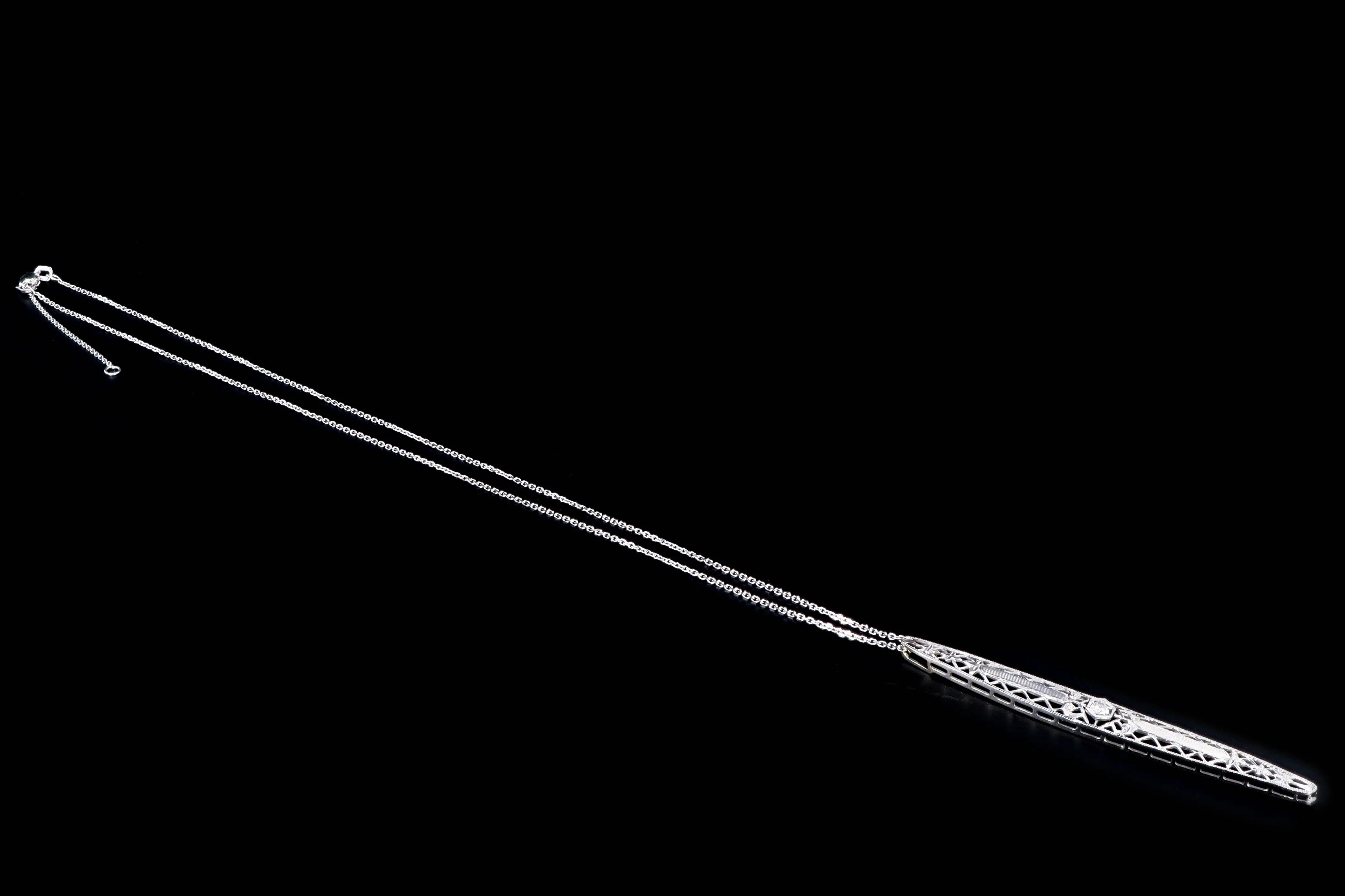 Art Deco 14K White Gold .07 Carat Diamond Bar Pin Conversion Pendant Necklace