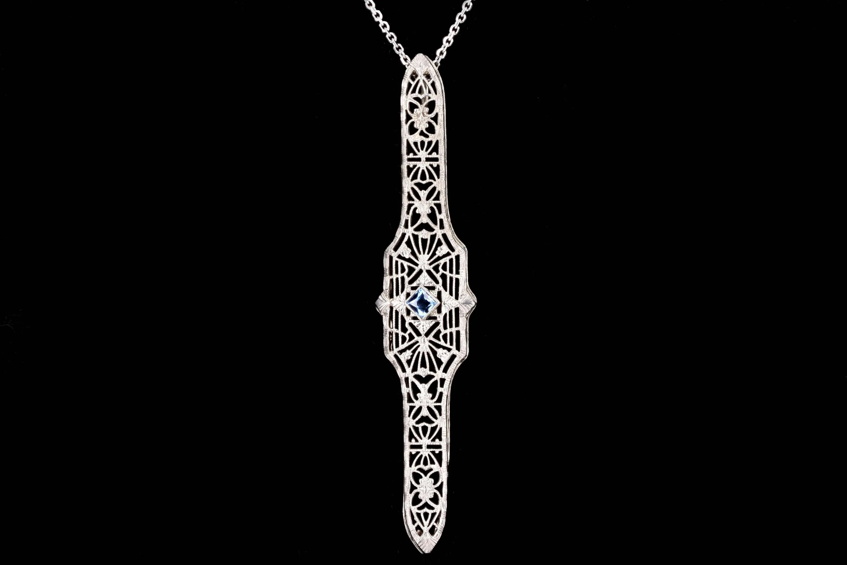 Art Deco 14K White Gold .12 Carat Natural Sapphire Bar Pin Conversion Pendant Necklace