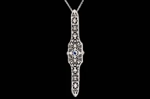 Art Deco 14K White Gold .12 Carat Natural Sapphire Bar Pin Conversion Pendant Necklace