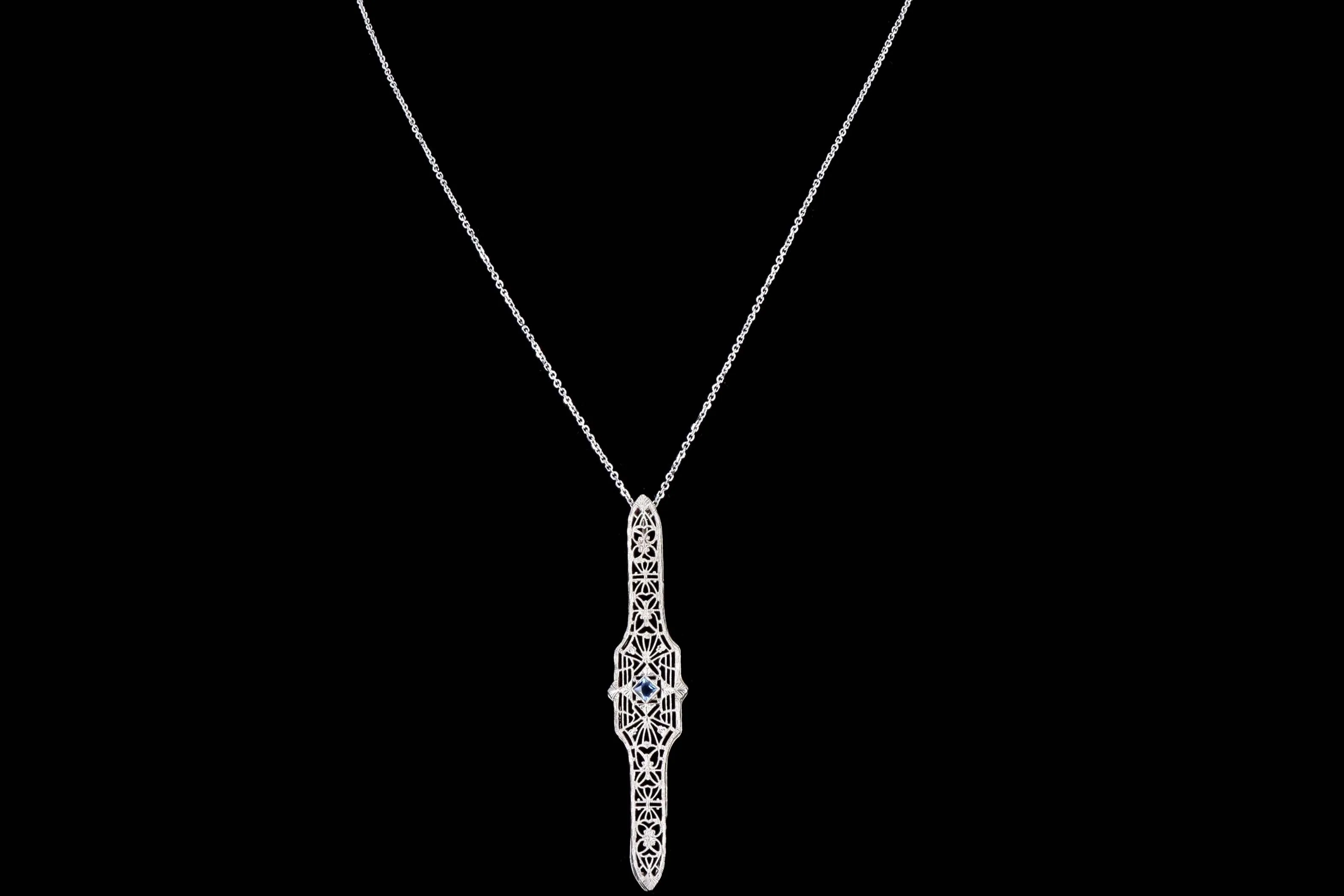 Art Deco 14K White Gold .12 Carat Natural Sapphire Bar Pin Conversion Pendant Necklace
