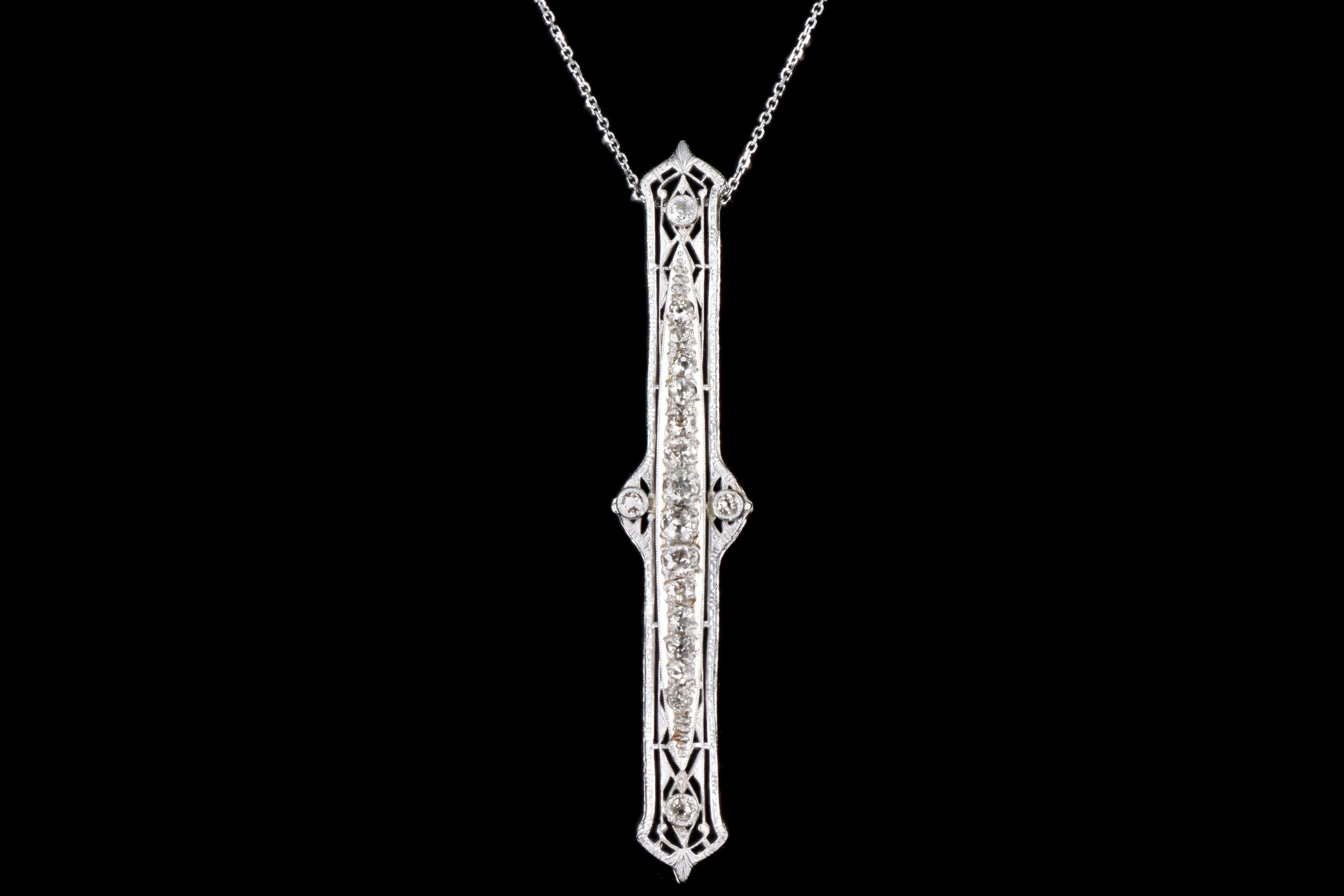 Art Deco 14K White Gold 1.30 Carat Total Weight Old European Diamond Bar Pin Conversion Pendant Necklace