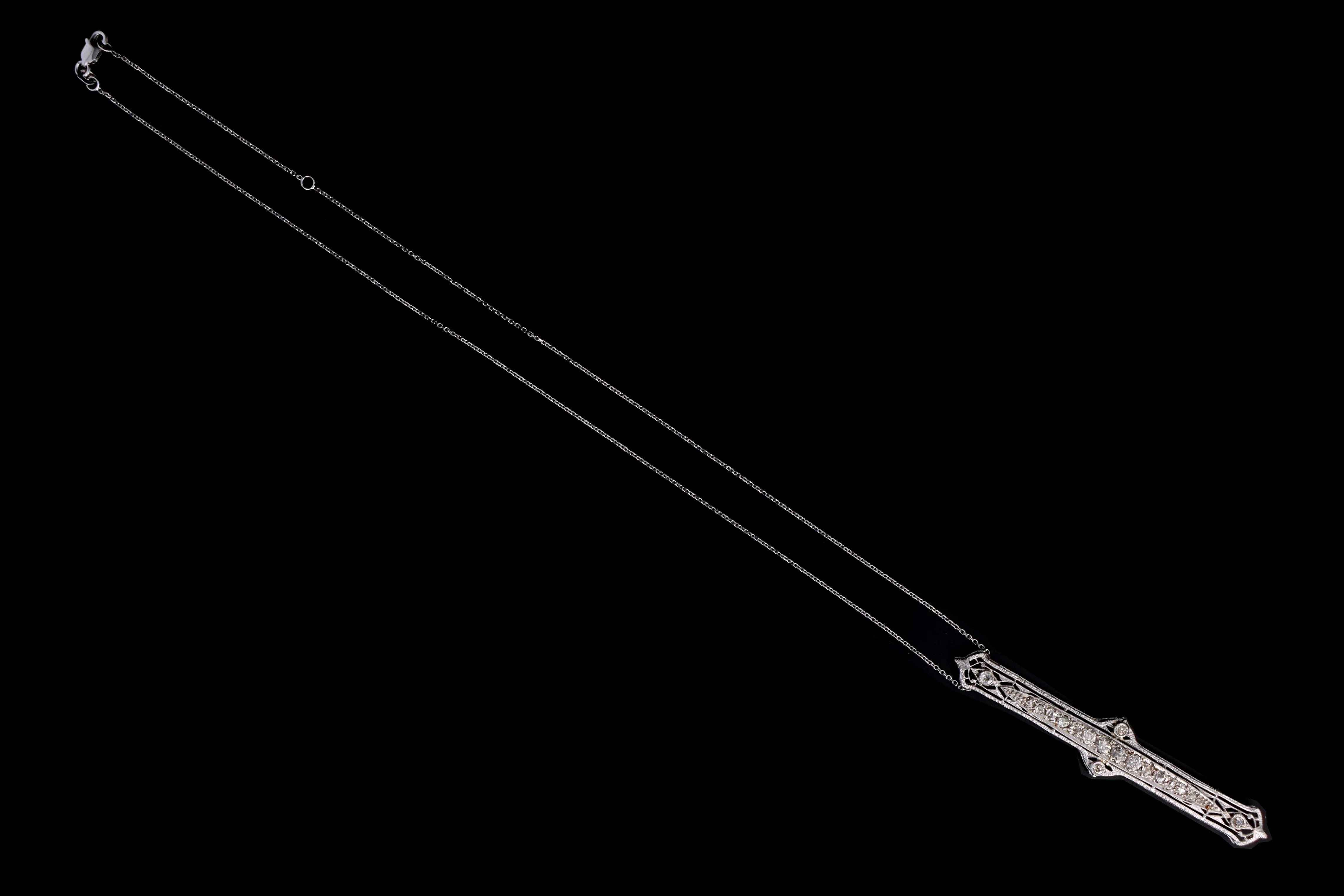 Art Deco 14K White Gold 1.30 Carat Total Weight Old European Diamond Bar Pin Conversion Pendant Necklace
