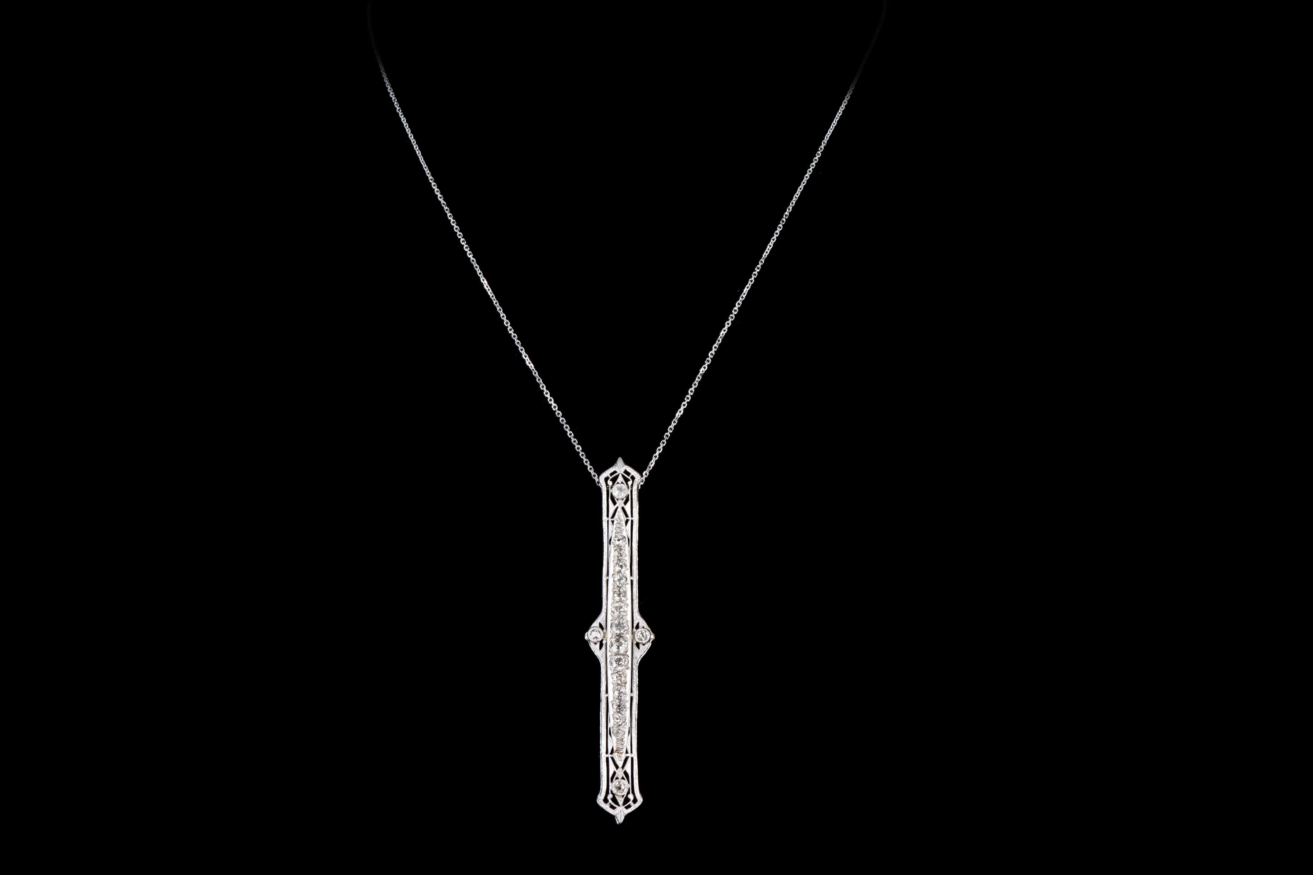 Art Deco 14K White Gold 1.30 Carat Total Weight Old European Diamond Bar Pin Conversion Pendant Necklace