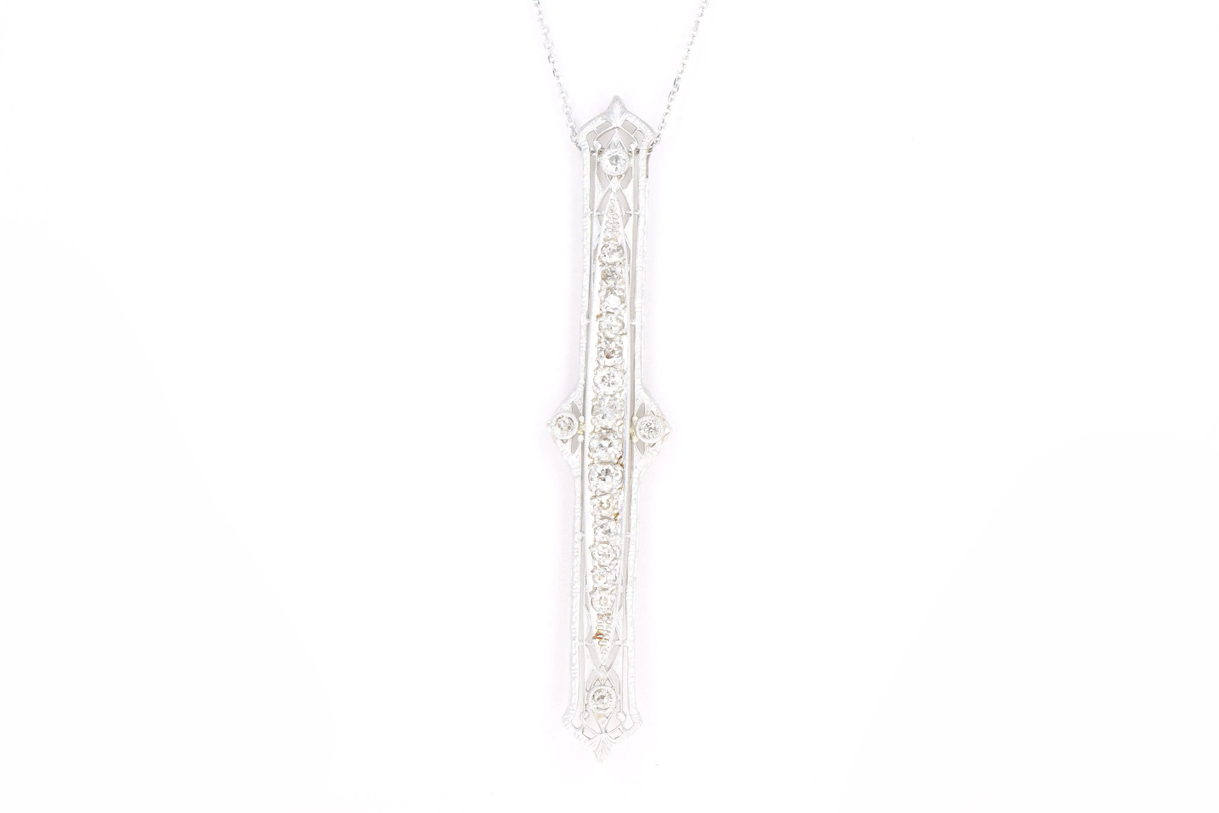 Art Deco 14K White Gold 1.30 Carat Total Weight Old European Diamond Bar Pin Conversion Pendant Necklace