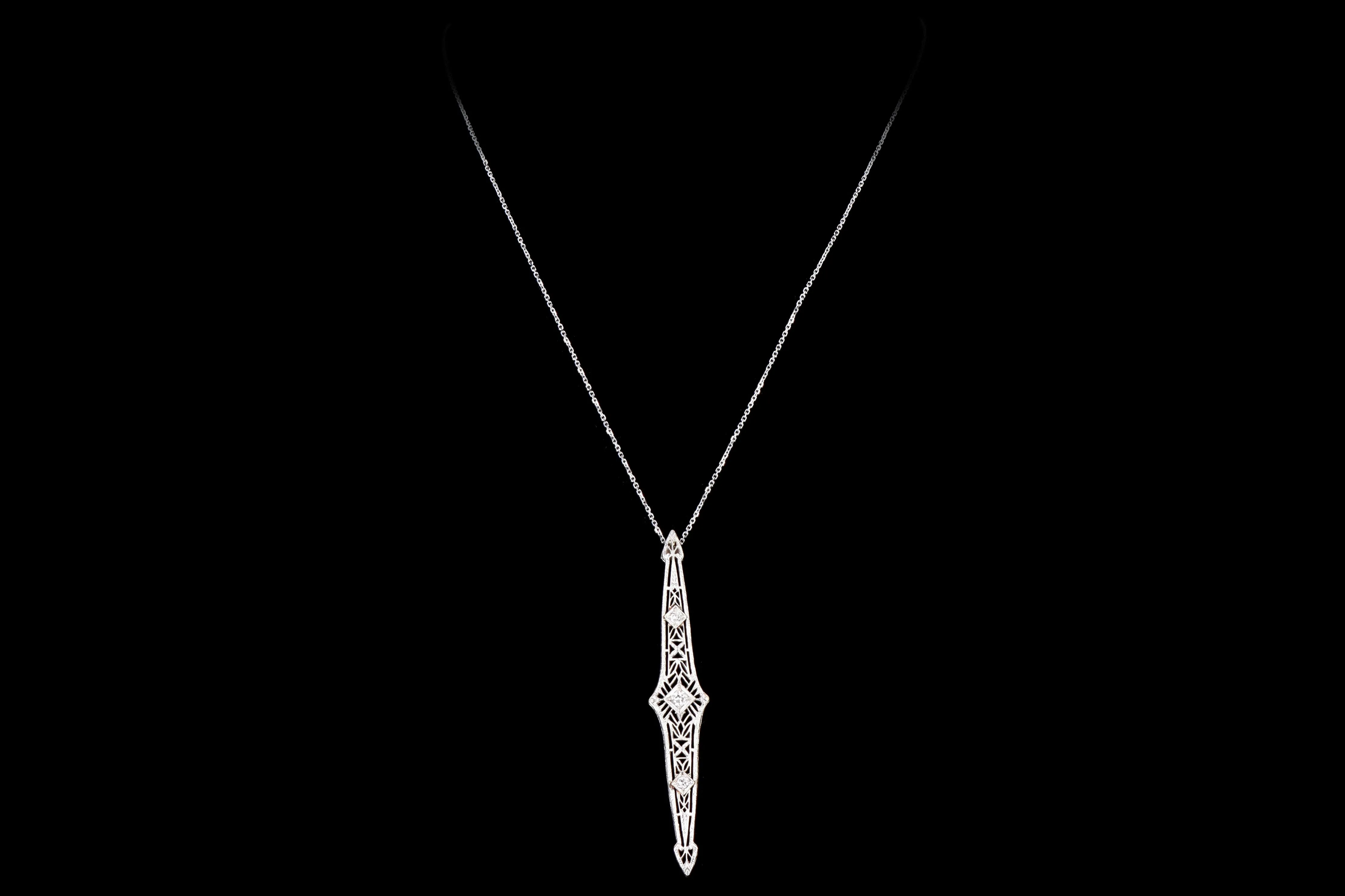 Art Deco 14K White Gold .20 Carat Old European Cut Diamond Bar Pin Conversion Pendant Necklace