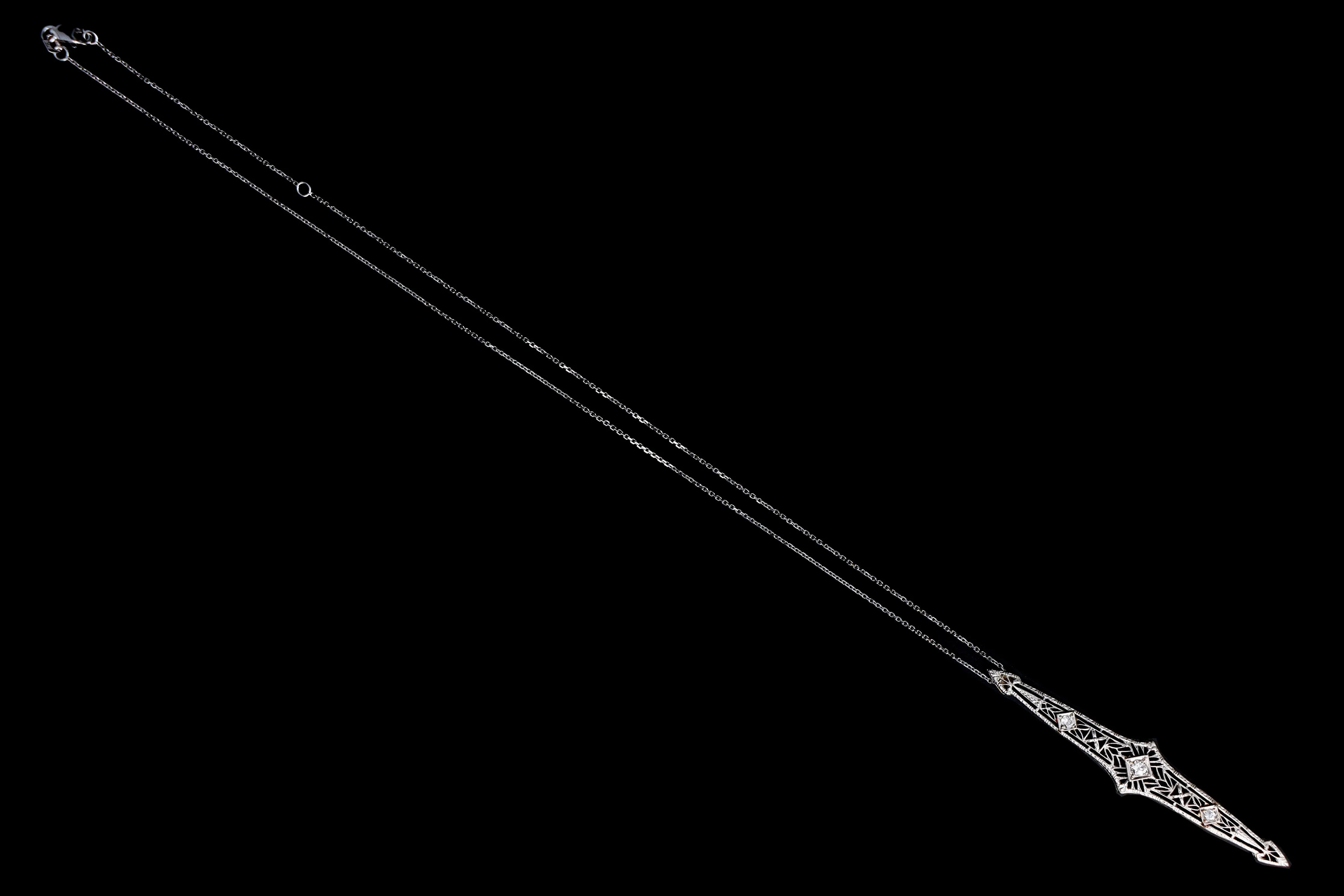 Art Deco 14K White Gold .20 Carat Old European Cut Diamond Bar Pin Conversion Pendant Necklace