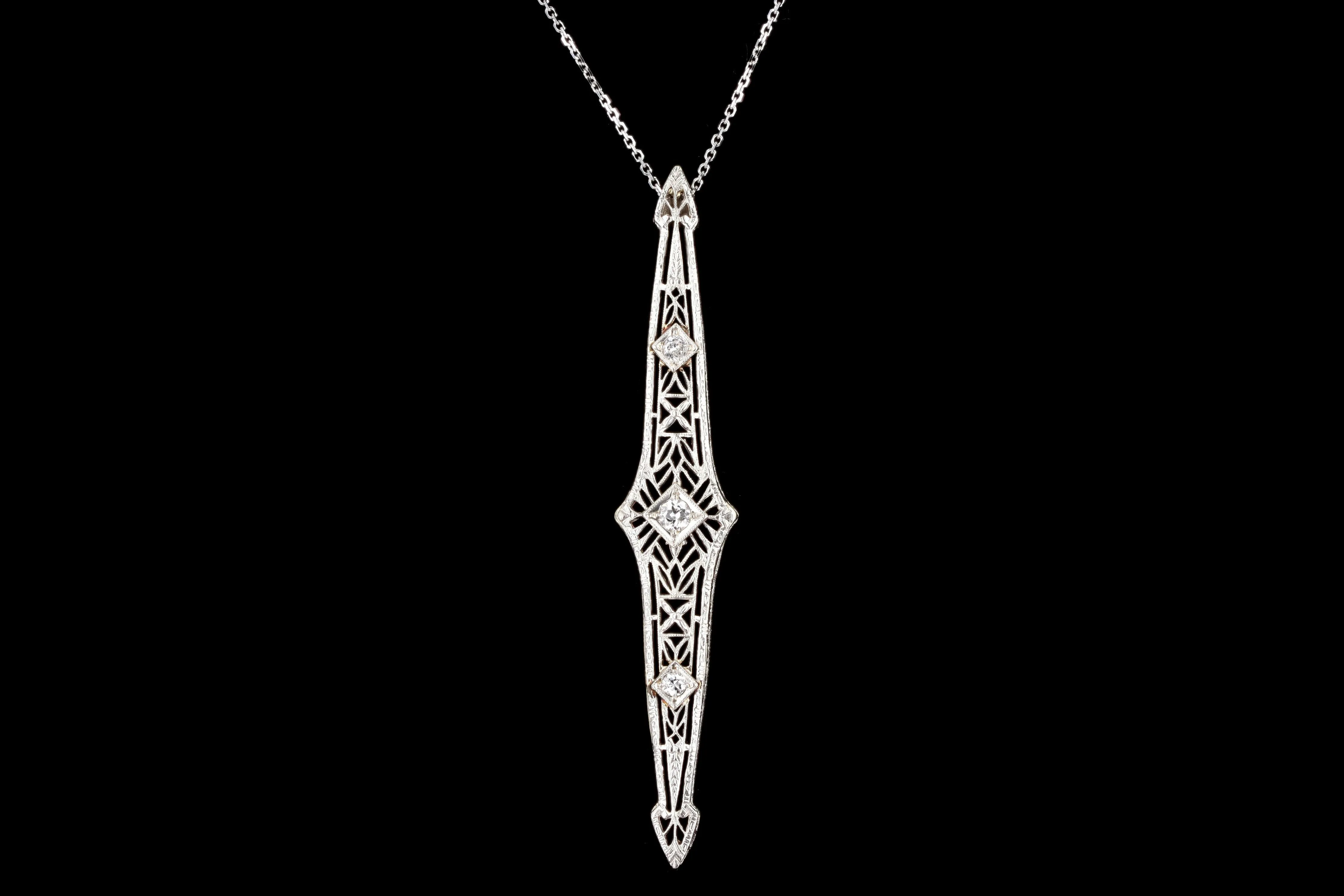 Art Deco 14K White Gold .20 Carat Old European Cut Diamond Bar Pin Conversion Pendant Necklace