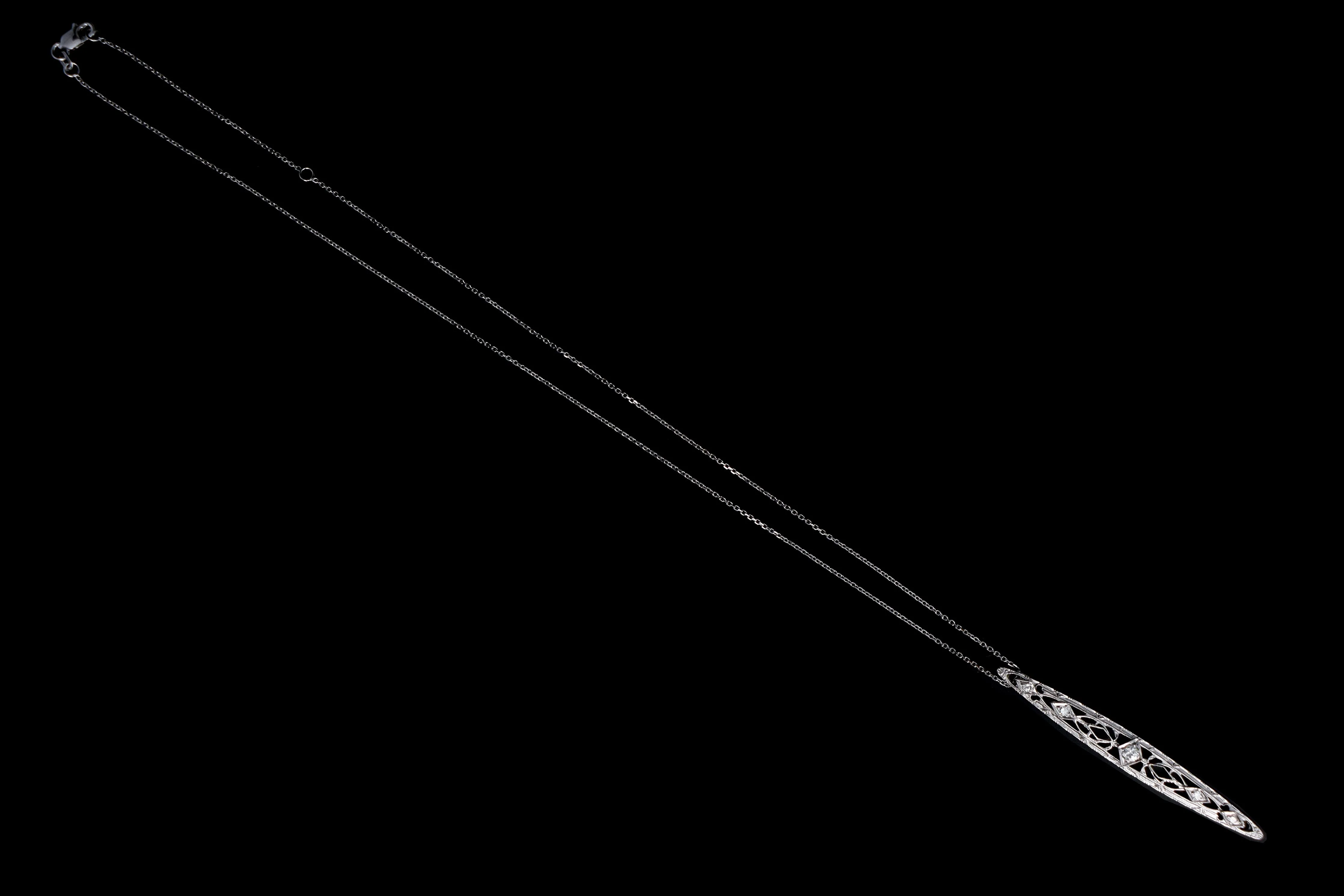 Art Deco 14K White Gold .25 Carat Round Brilliant & Single Cut Diamond Bar Pin Conversion Pendant Necklace