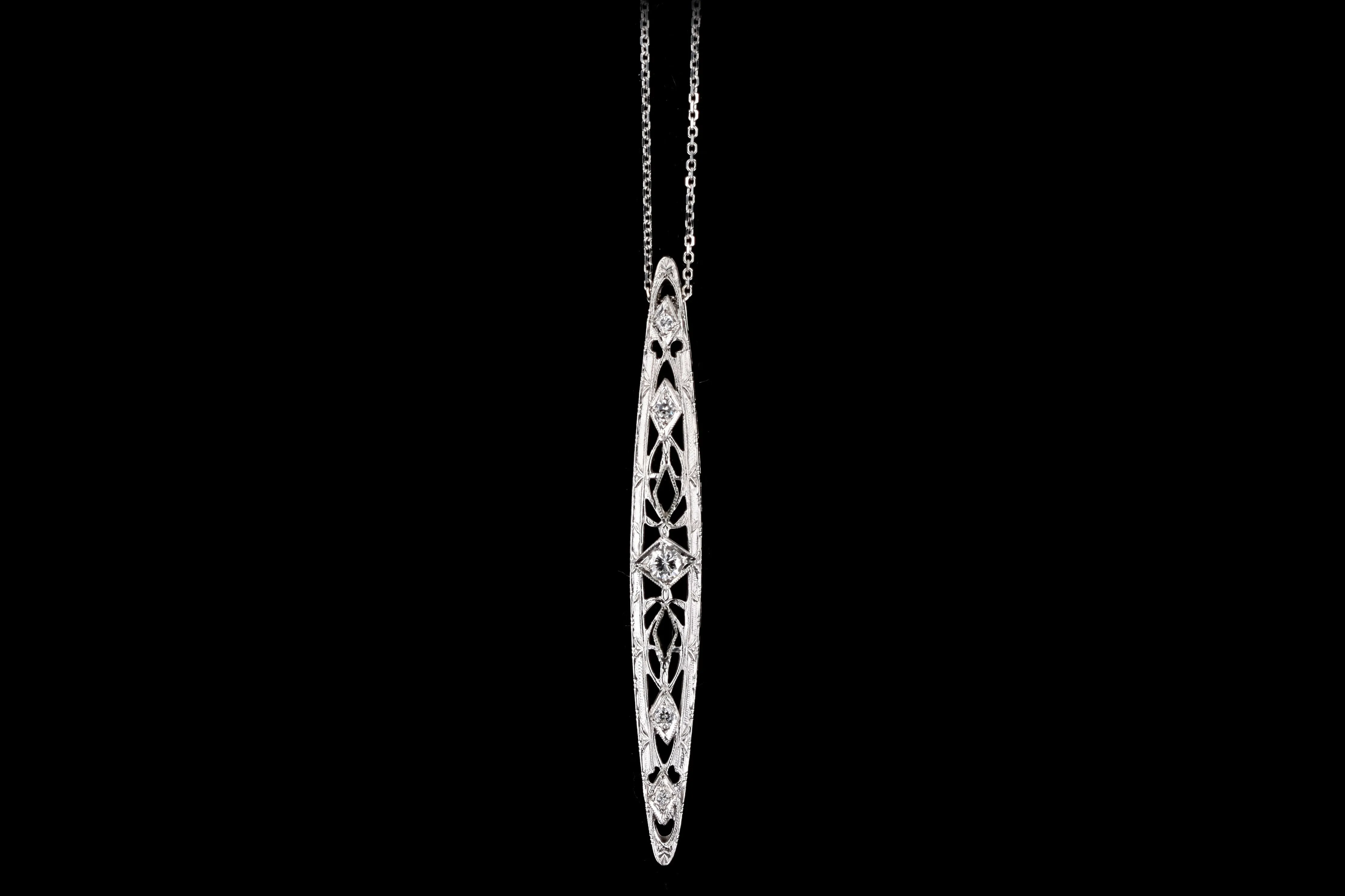 Art Deco 14K White Gold .25 Carat Round Brilliant & Single Cut Diamond Bar Pin Conversion Pendant Necklace
