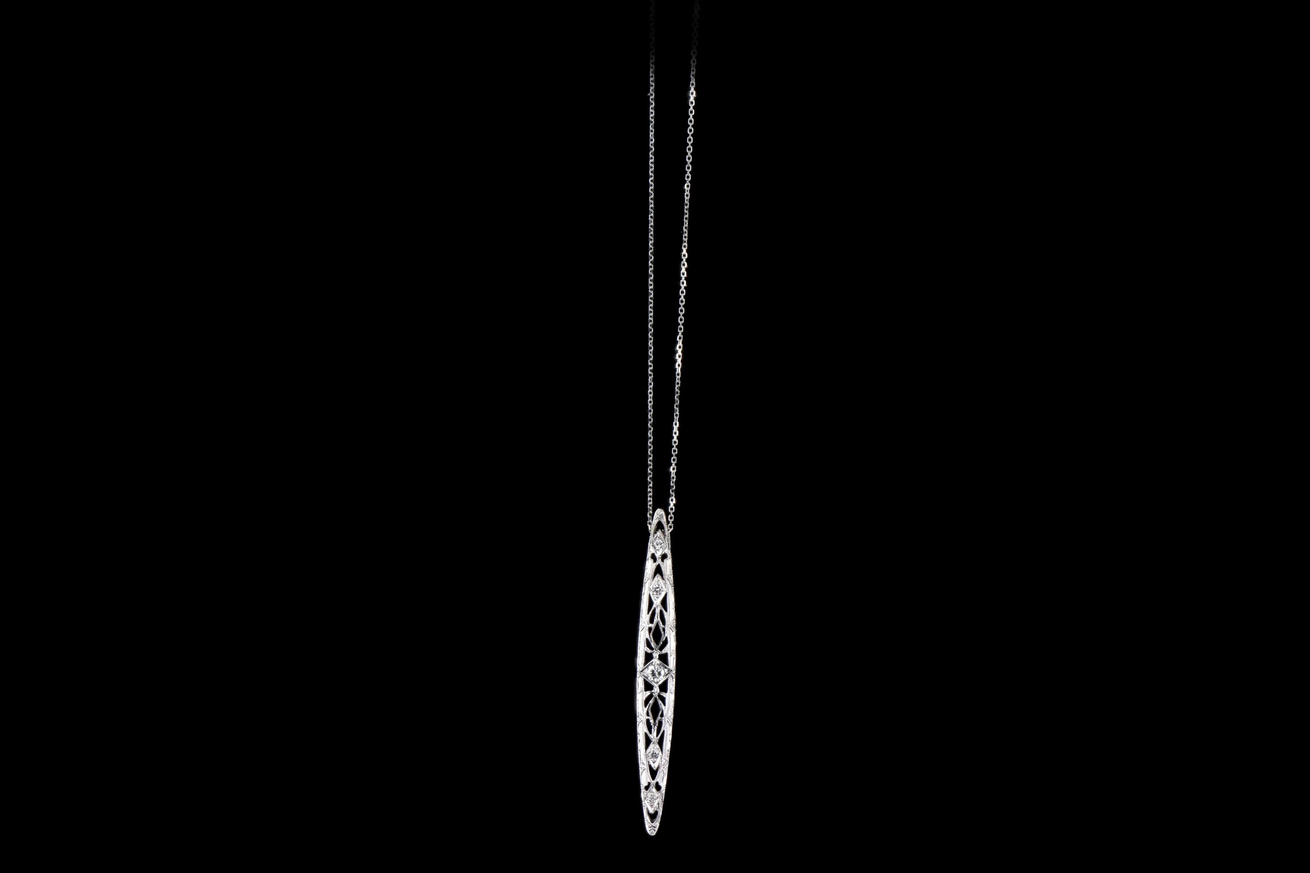 Art Deco 14K White Gold .25 Carat Round Brilliant & Single Cut Diamond Bar Pin Conversion Pendant Necklace