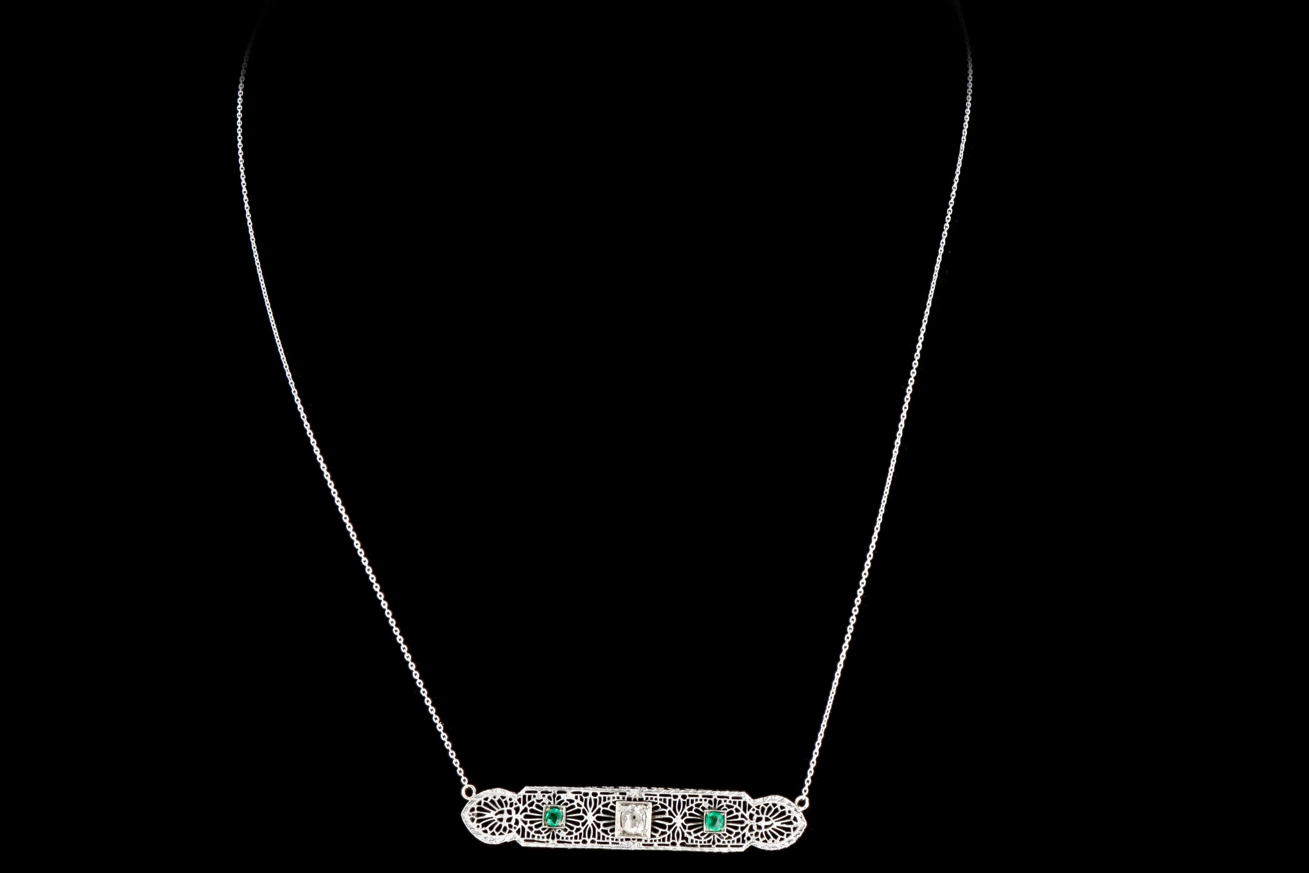 Art Deco 14K White Gold .30 Carat Old Mine Diamond Bar Pin Conversion Pendant Necklace