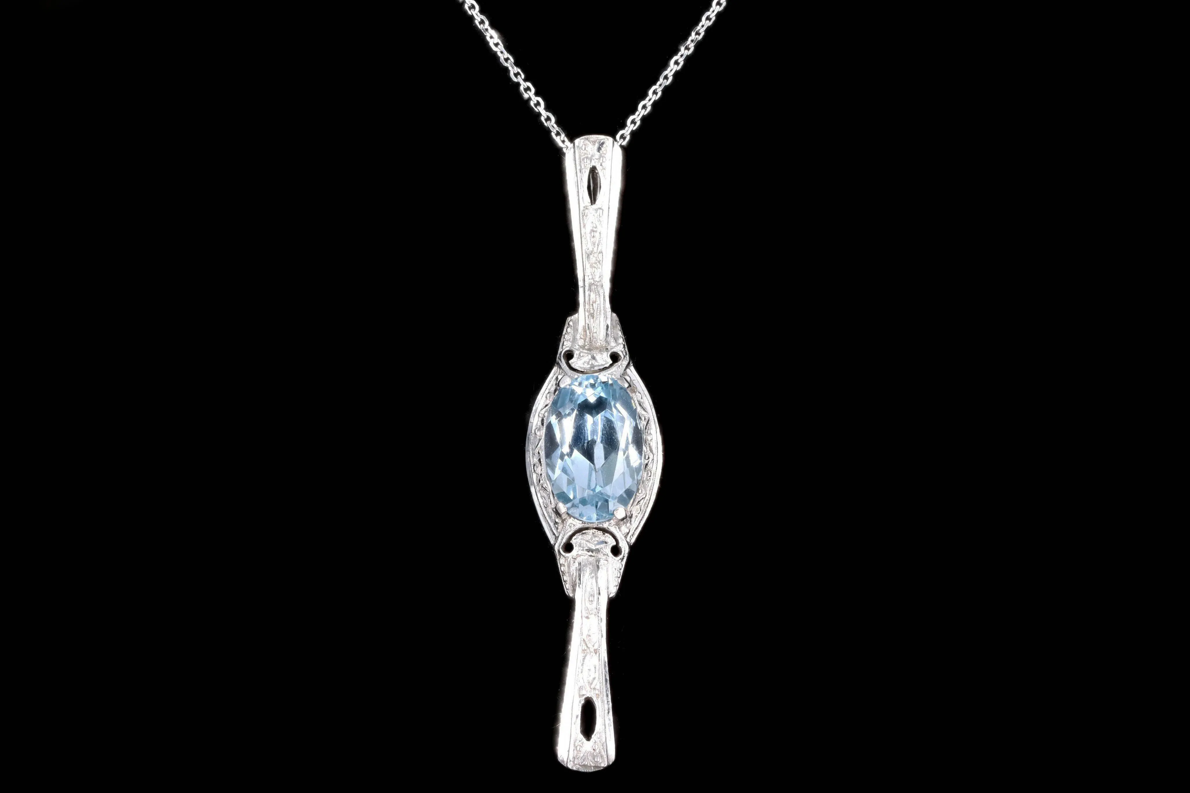 Art Deco 14K White Gold 3.5 Carat Blue Topaz Stick Pin Conversion Pendant Necklace