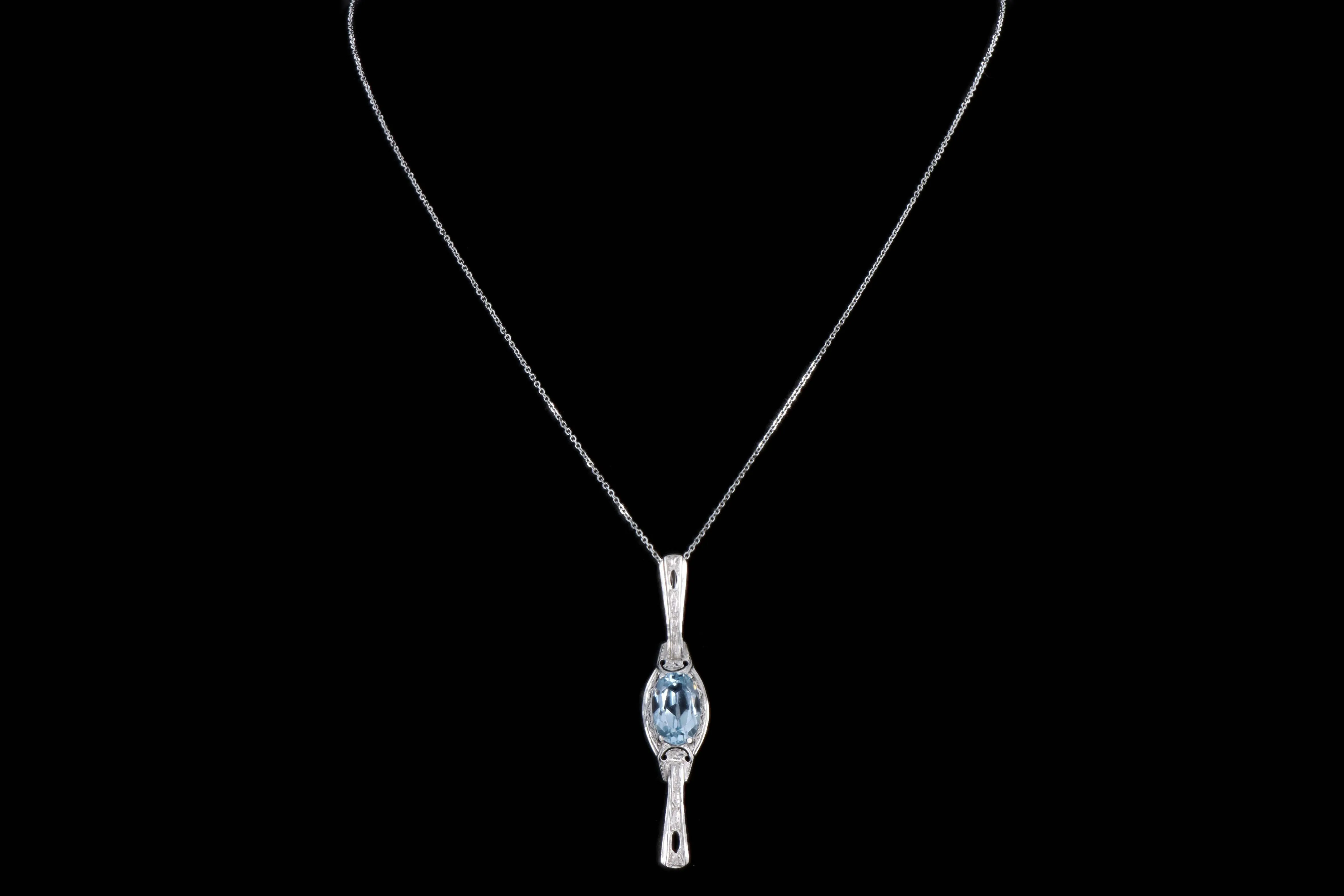 Art Deco 14K White Gold 3.5 Carat Blue Topaz Stick Pin Conversion Pendant Necklace