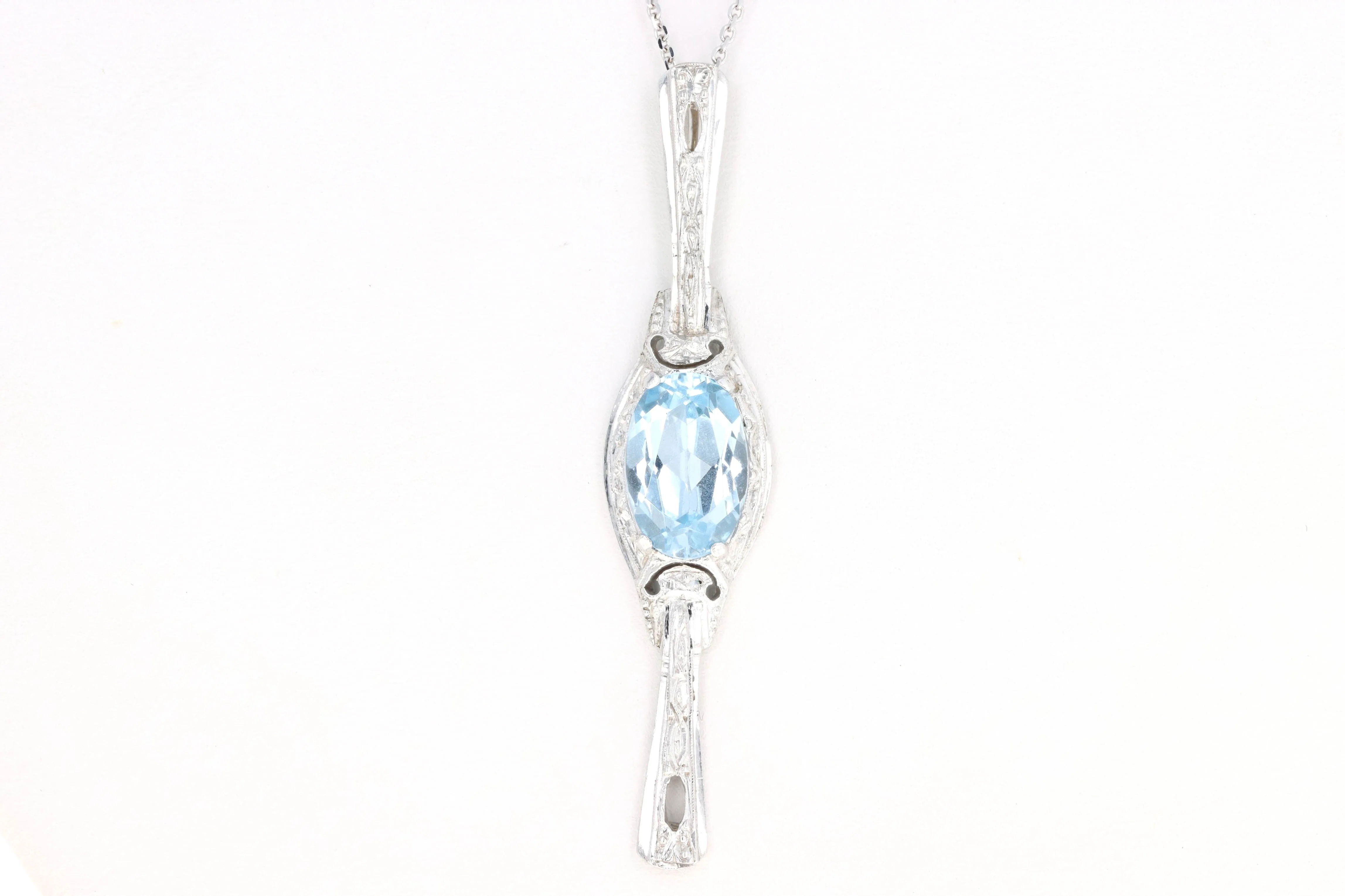 Art Deco 14K White Gold 3.5 Carat Blue Topaz Stick Pin Conversion Pendant Necklace
