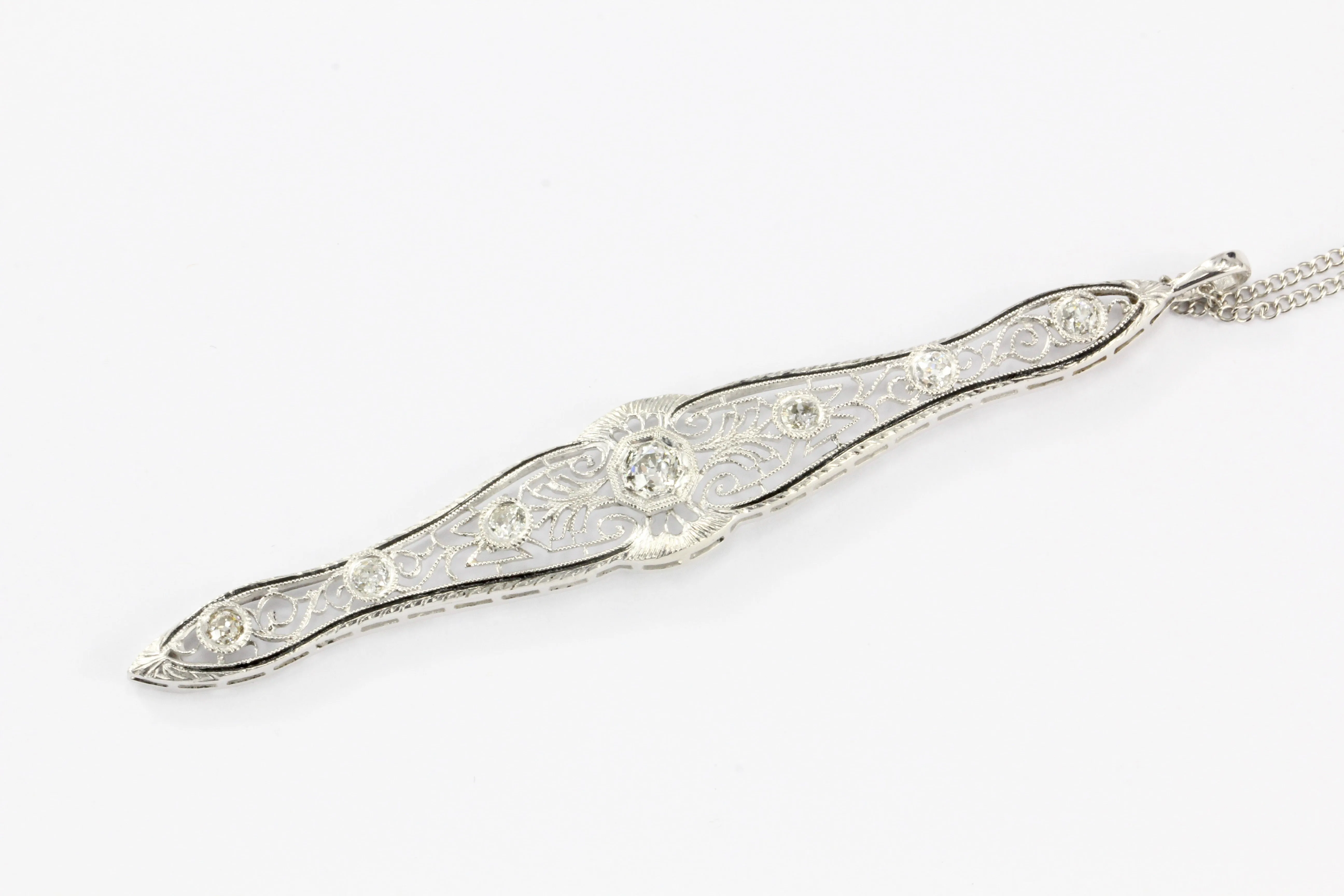 Art Deco 14k White Gold and Old European Cut Diamond Filigree Conversion Pendant