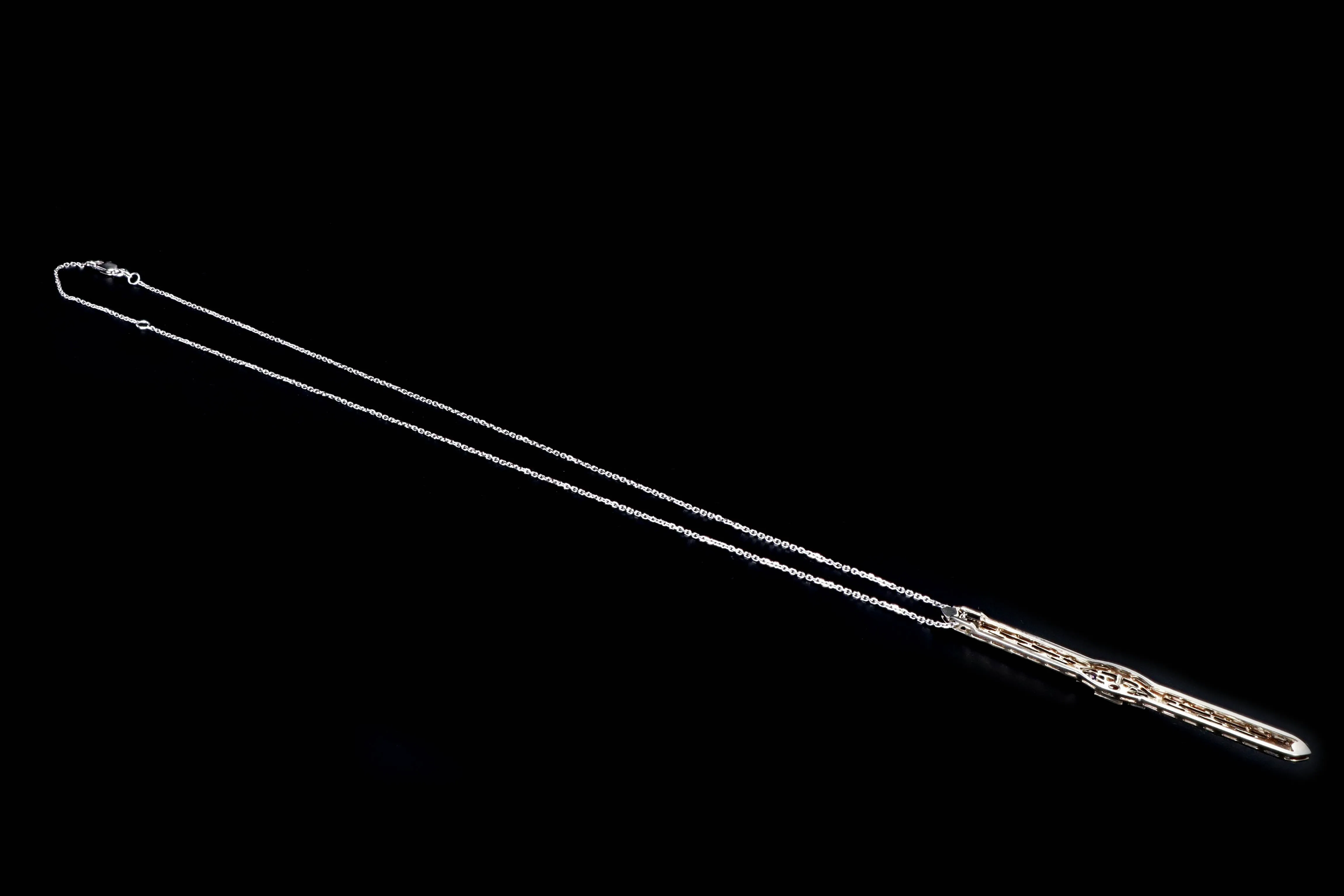 Art Deco 14K White Gold Diamond & Synthetic Sapphire Bar Pin Conversion Pendant Necklace