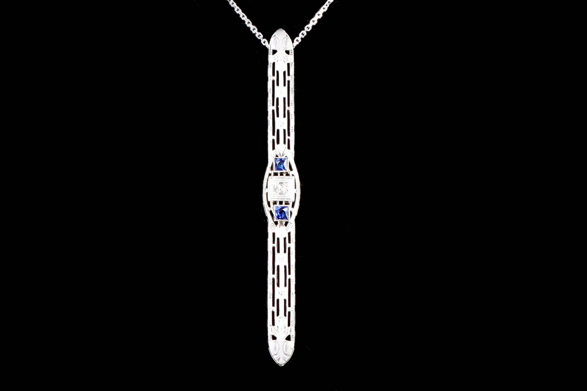 Art Deco 14K White Gold Diamond & Synthetic Sapphire Bar Pin Conversion Pendant Necklace