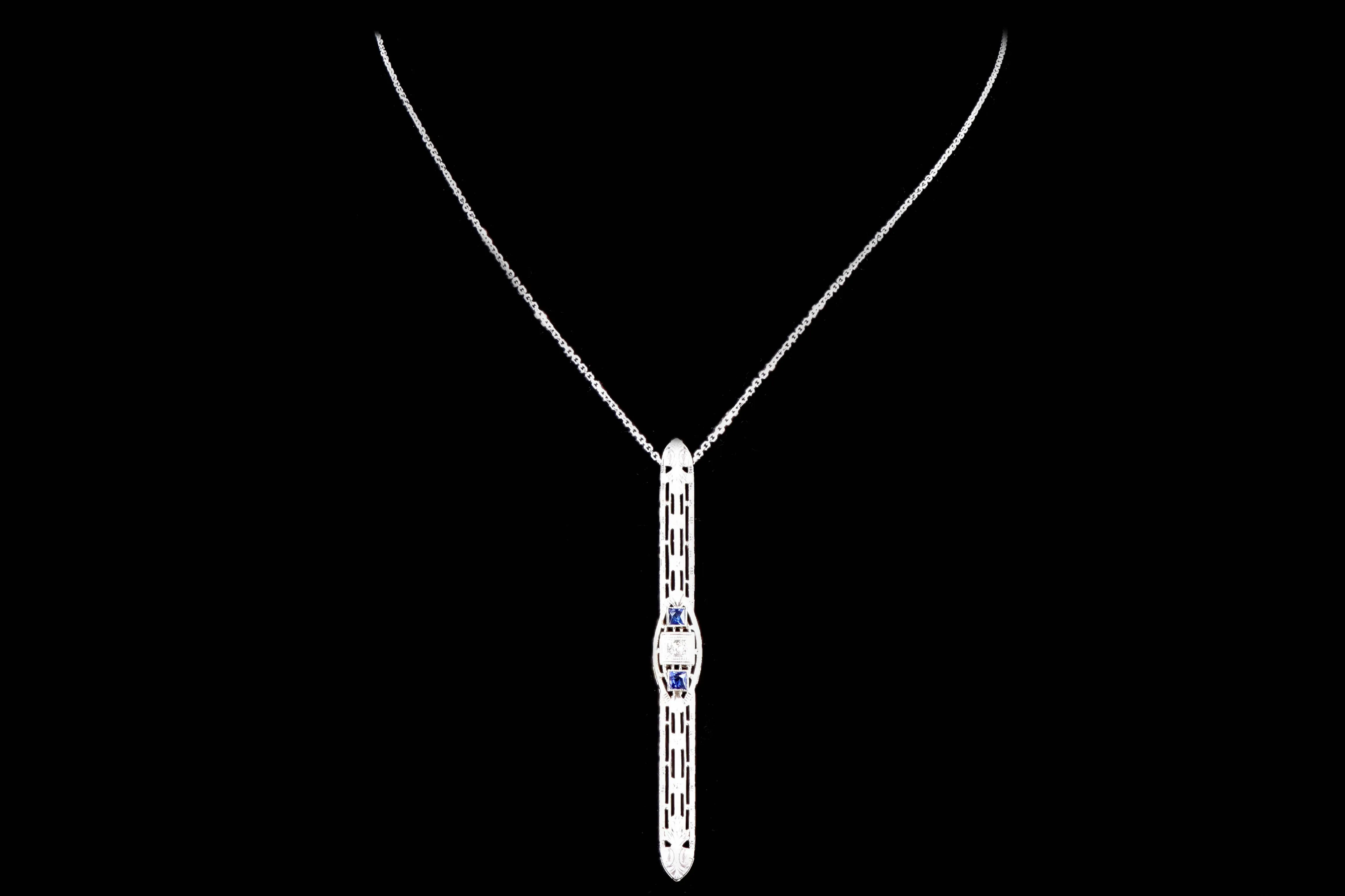 Art Deco 14K White Gold Diamond & Synthetic Sapphire Bar Pin Conversion Pendant Necklace