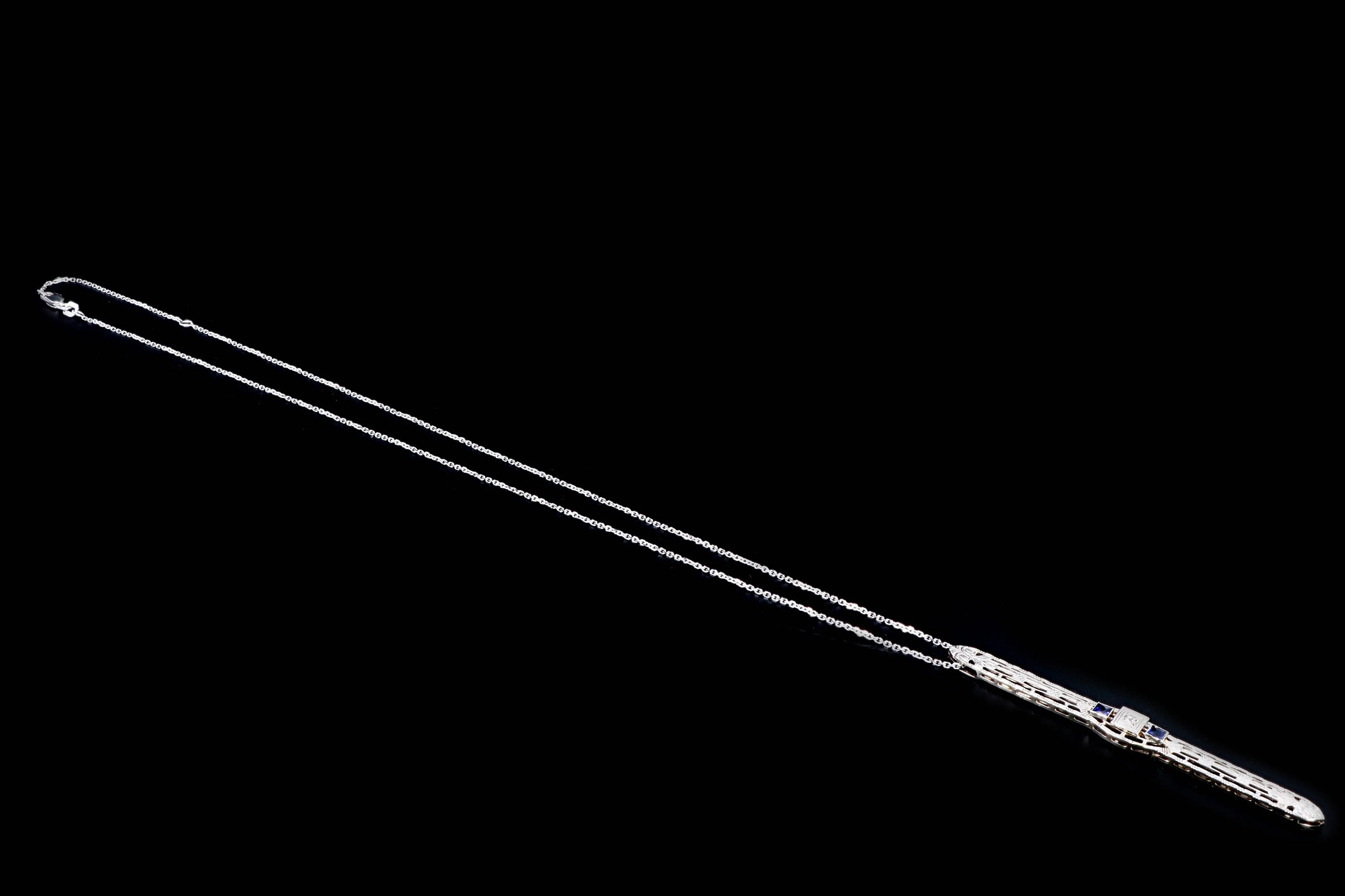 Art Deco 14K White Gold Diamond & Synthetic Sapphire Bar Pin Conversion Pendant Necklace
