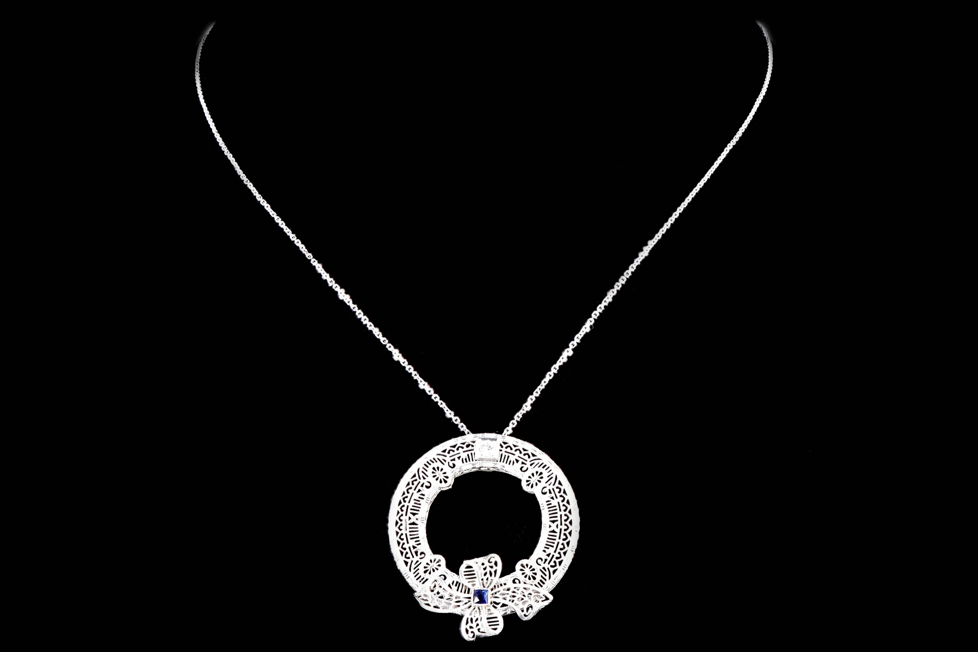 Art Deco 14K White Gold Diamond & Synthetic Sapphire Pin Conversion Pendant Necklace
