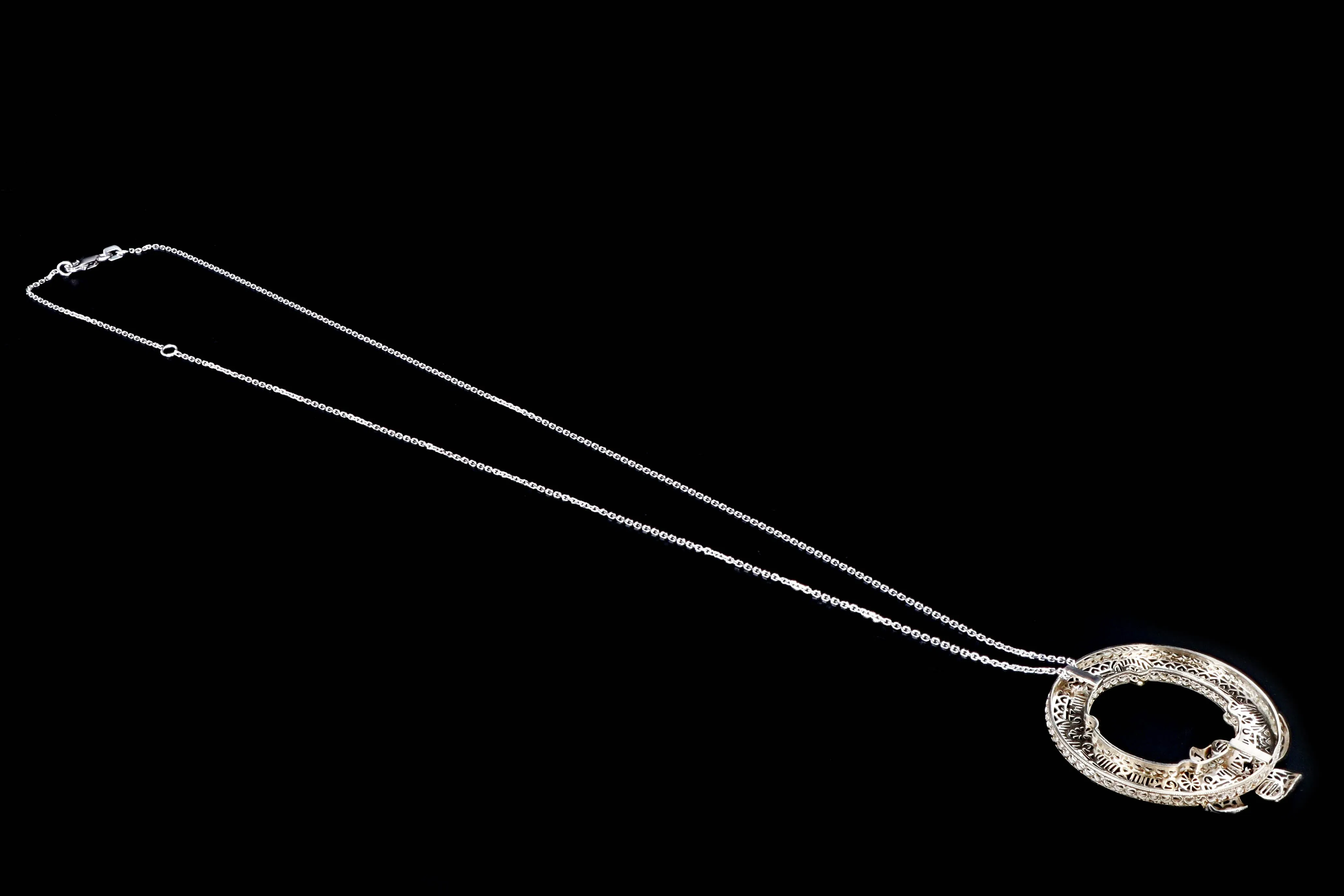 Art Deco 14K White Gold Diamond & Synthetic Sapphire Pin Conversion Pendant Necklace