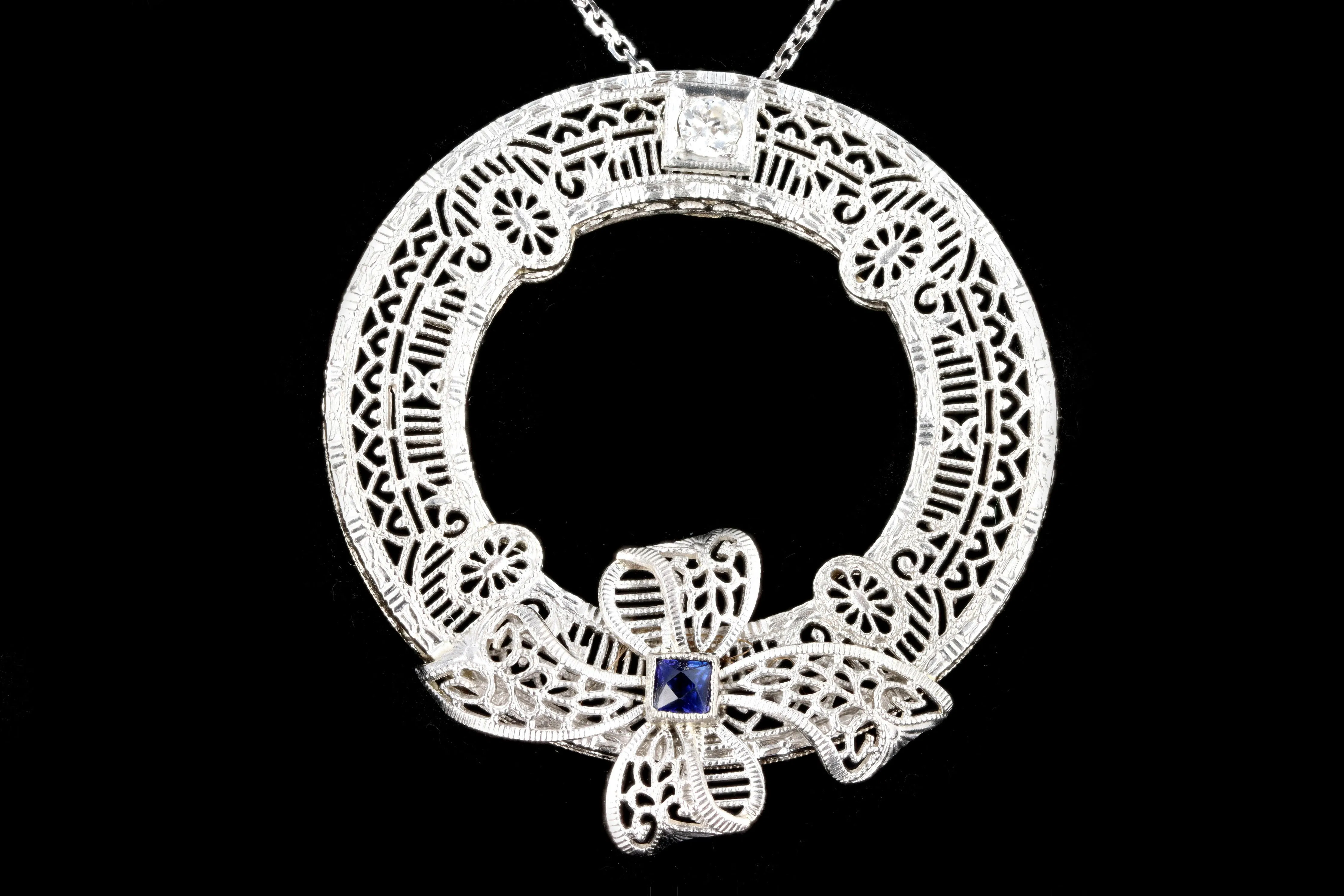 Art Deco 14K White Gold Diamond & Synthetic Sapphire Pin Conversion Pendant Necklace