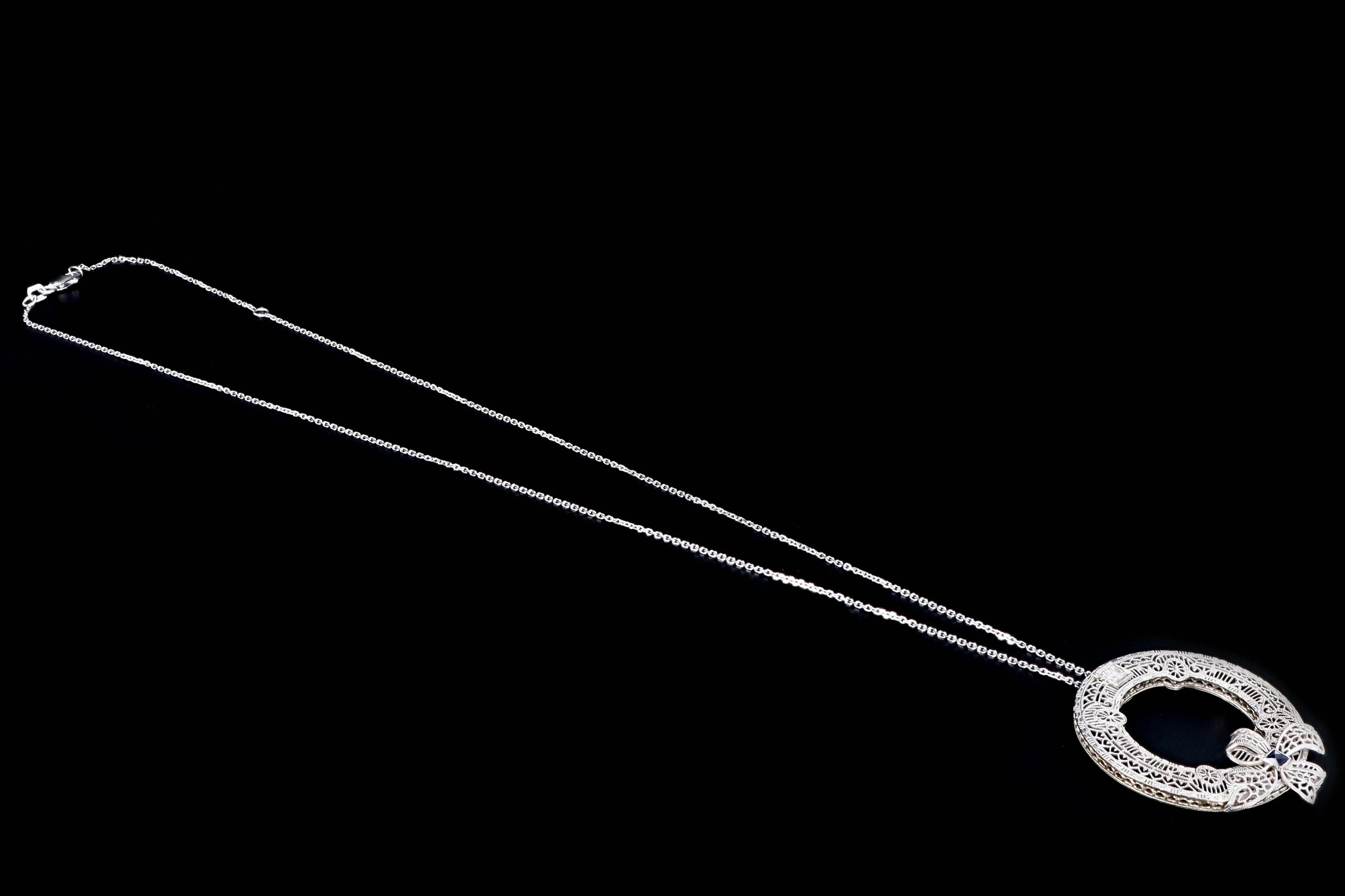 Art Deco 14K White Gold Diamond & Synthetic Sapphire Pin Conversion Pendant Necklace