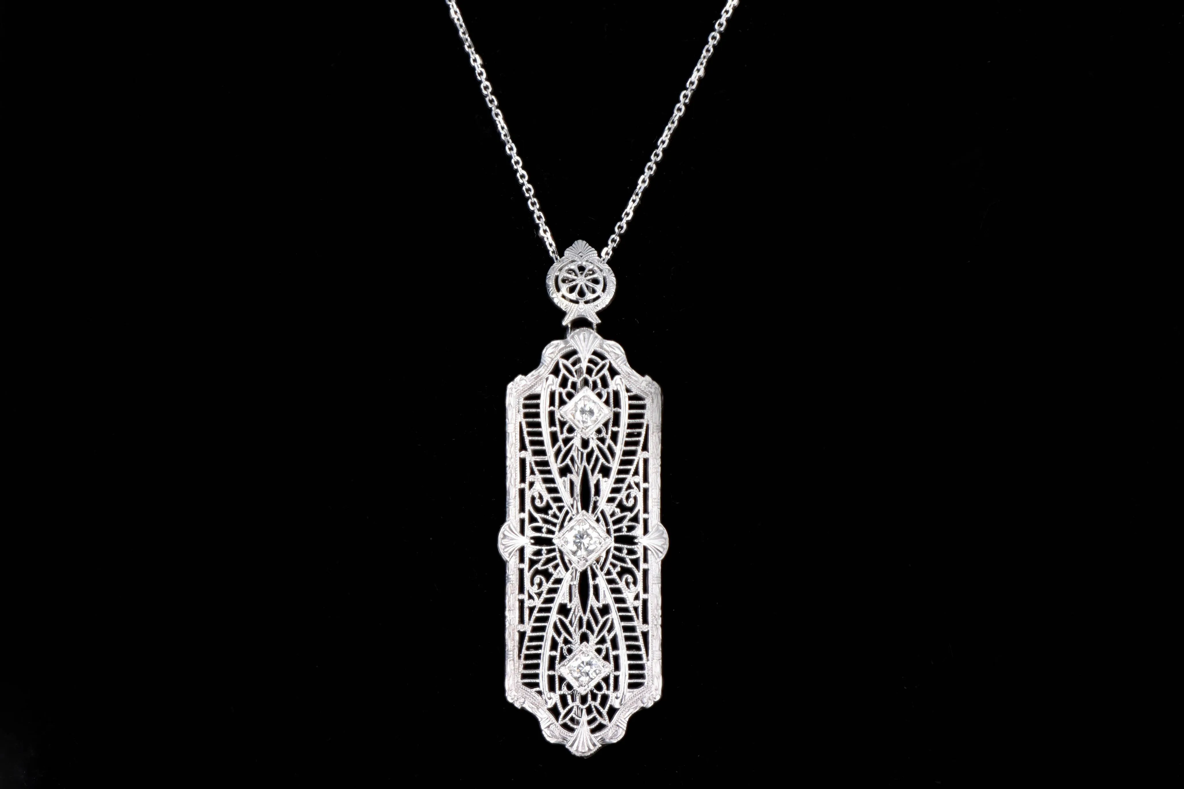 Art Deco 14K White Gold Diamond Bar Pin Conversion Pendant Necklace