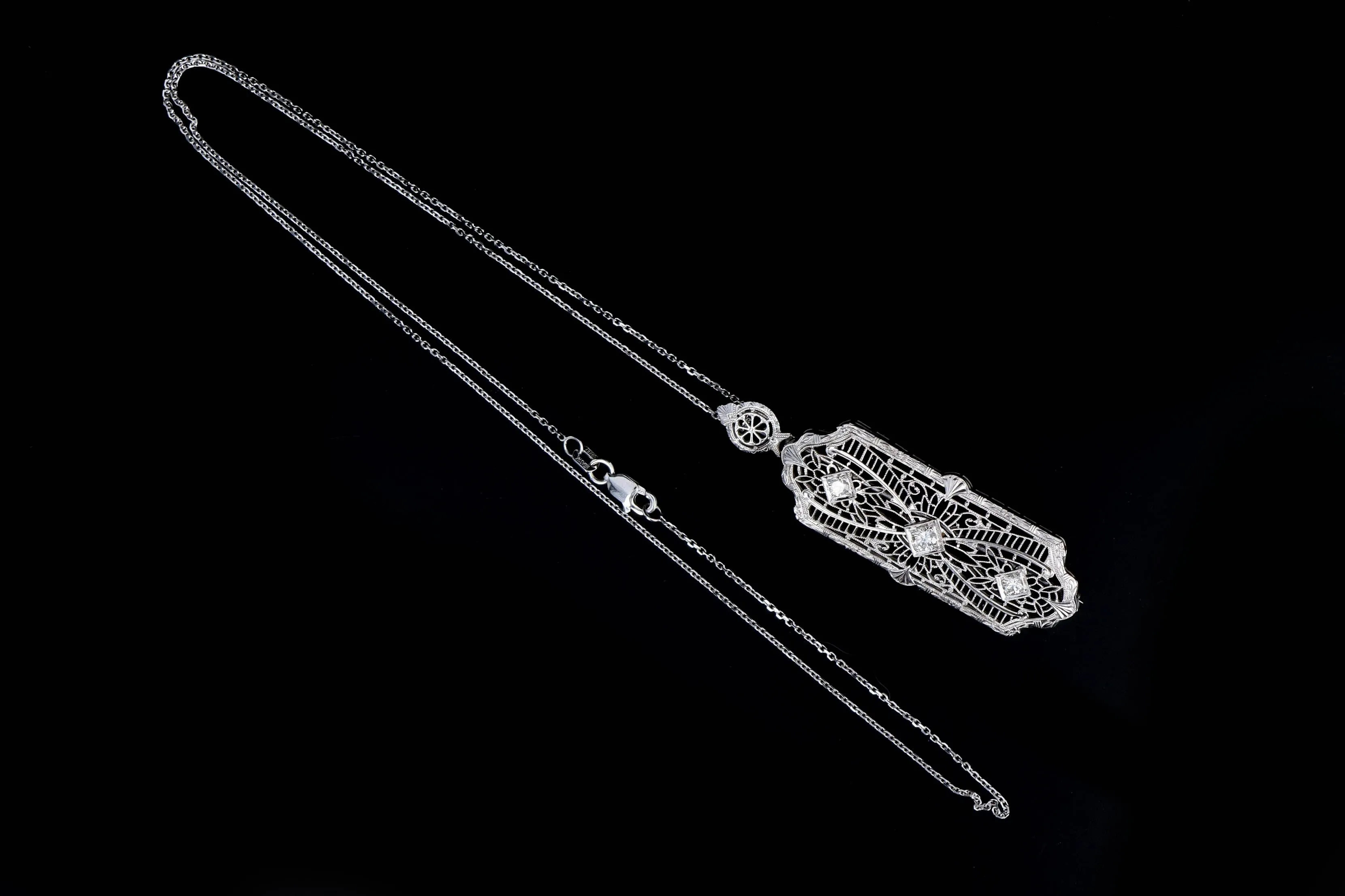 Art Deco 14K White Gold Diamond Bar Pin Conversion Pendant Necklace