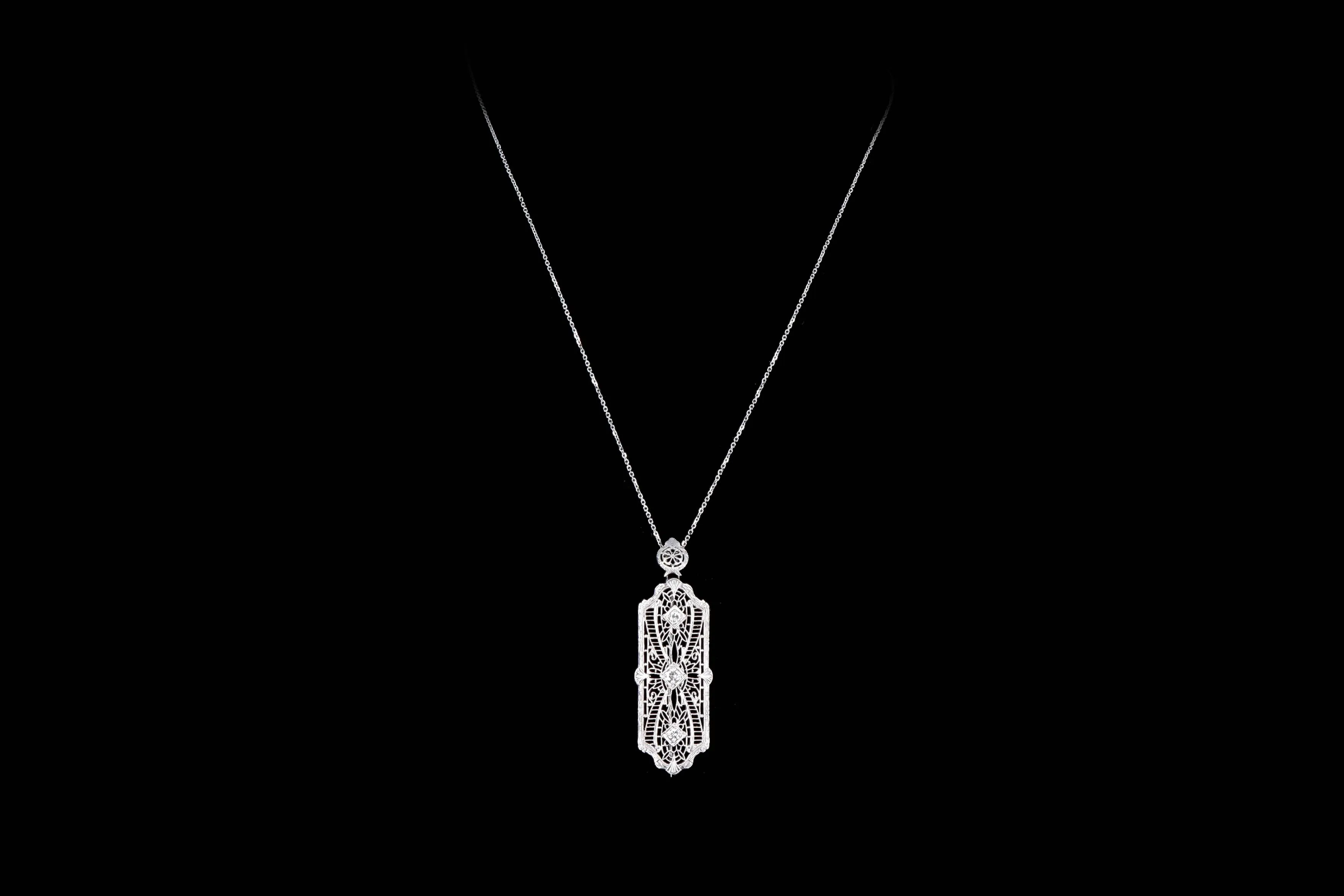 Art Deco 14K White Gold Diamond Bar Pin Conversion Pendant Necklace