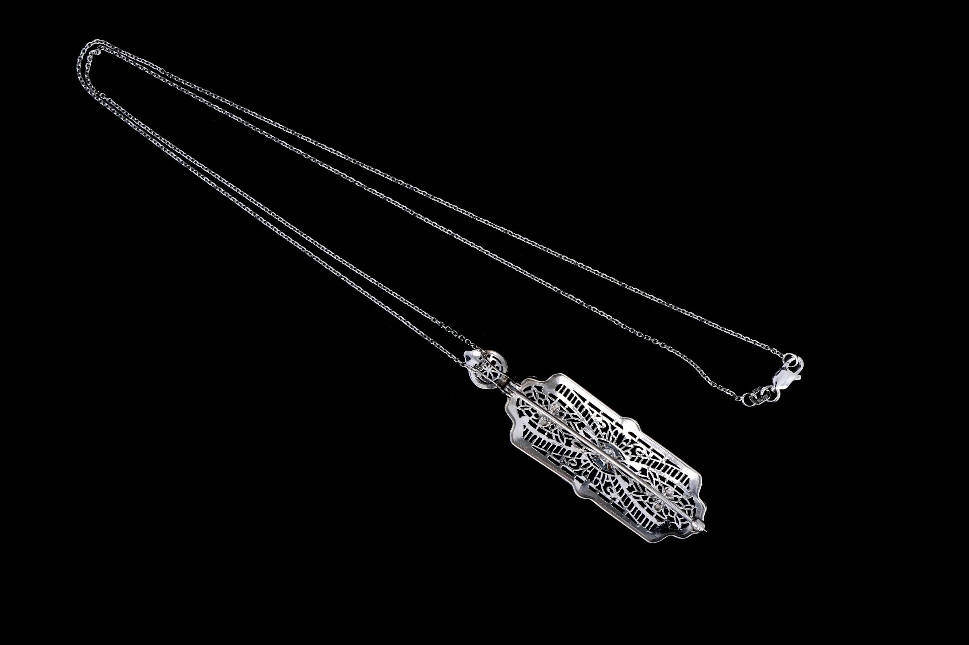 Art Deco 14K White Gold Diamond Bar Pin Conversion Pendant Necklace