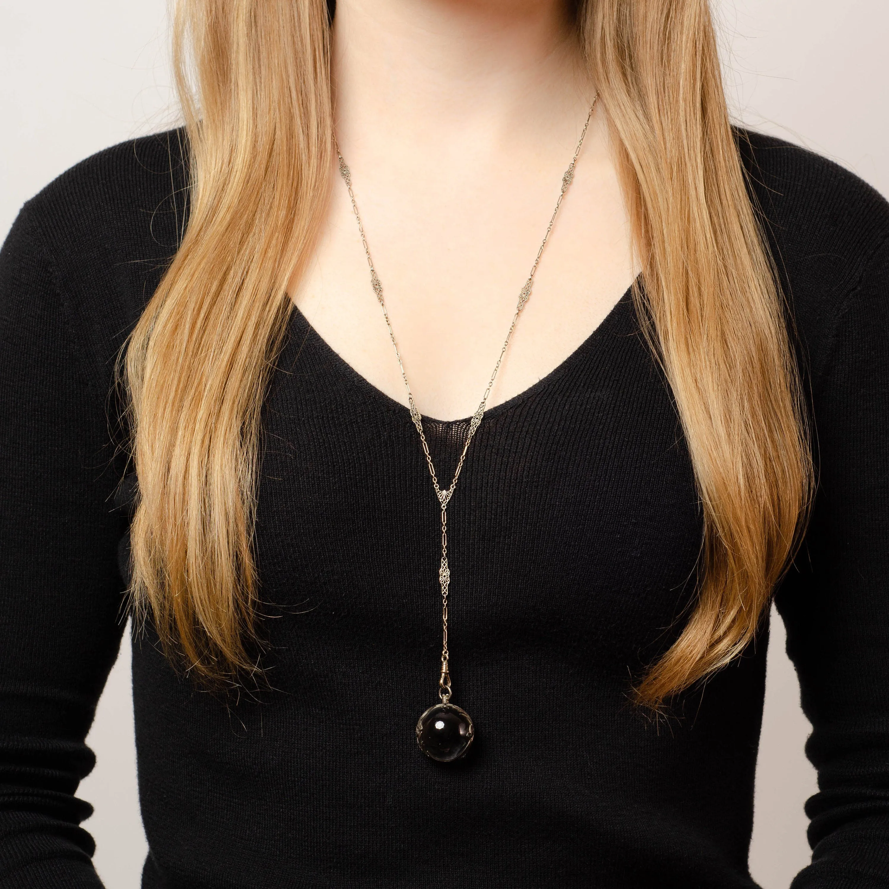 Art Deco 14k White Gold Filigree Chain with Optional Pools of Light Orb