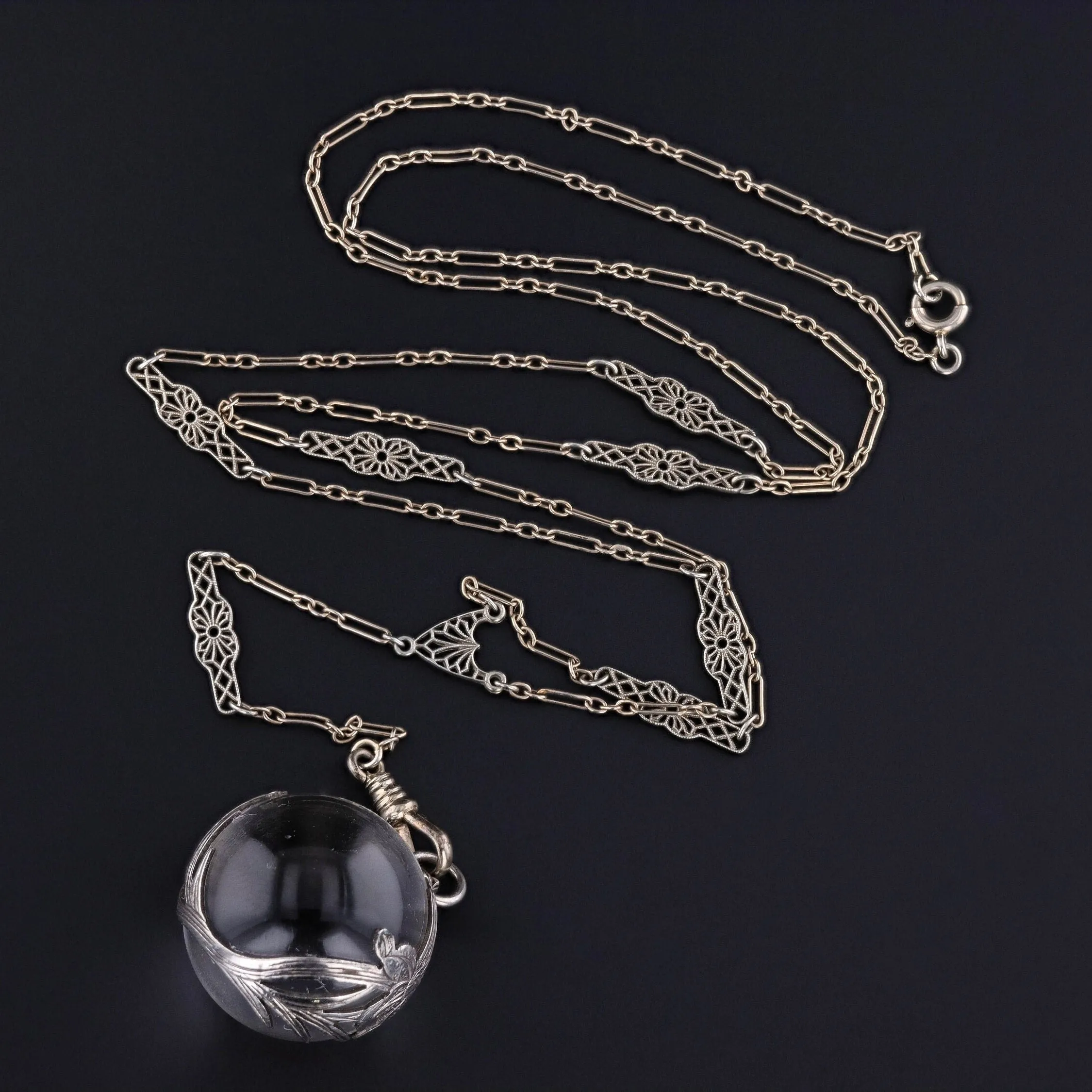 Art Deco 14k White Gold Filigree Chain with Optional Pools of Light Orb