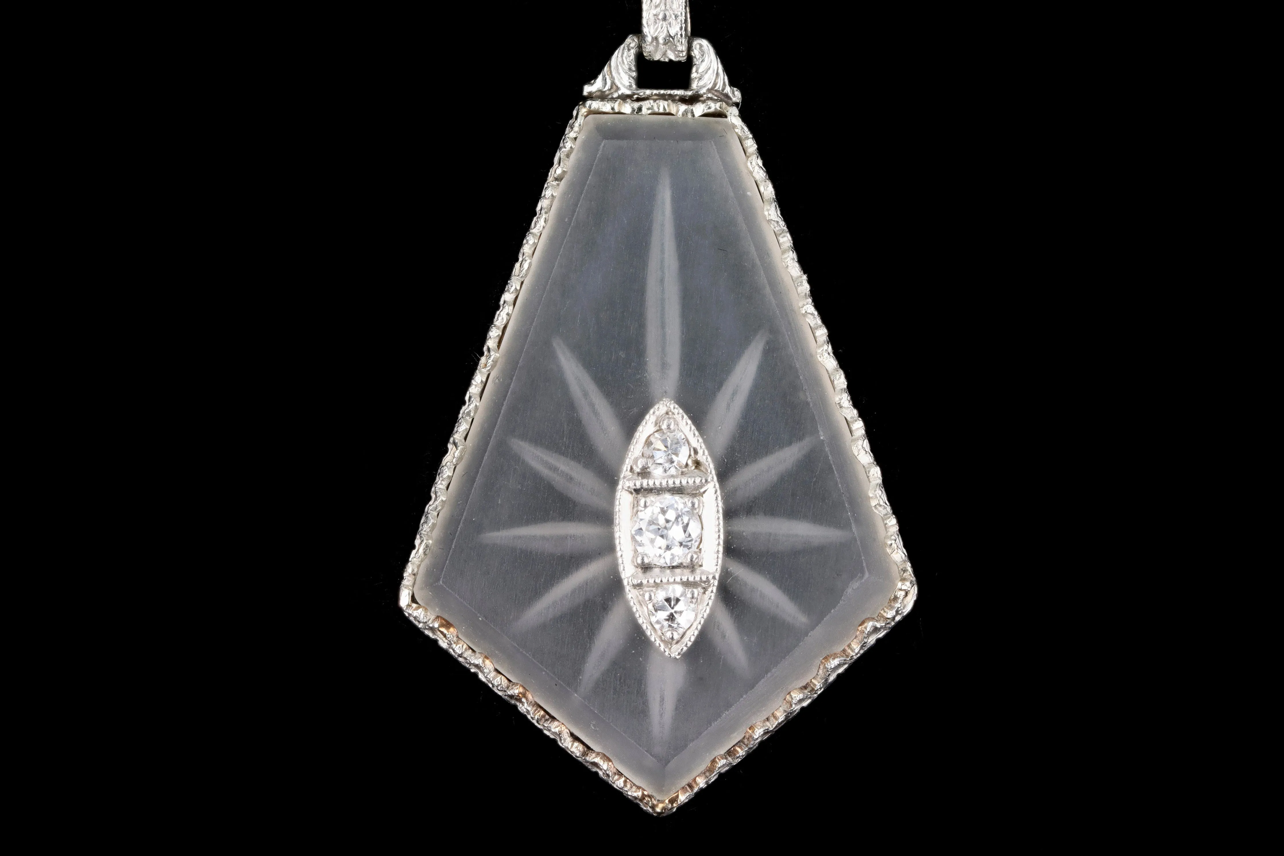 Art Deco 14K White Gold Filigree Rock Crystal & Diamond Necklace
