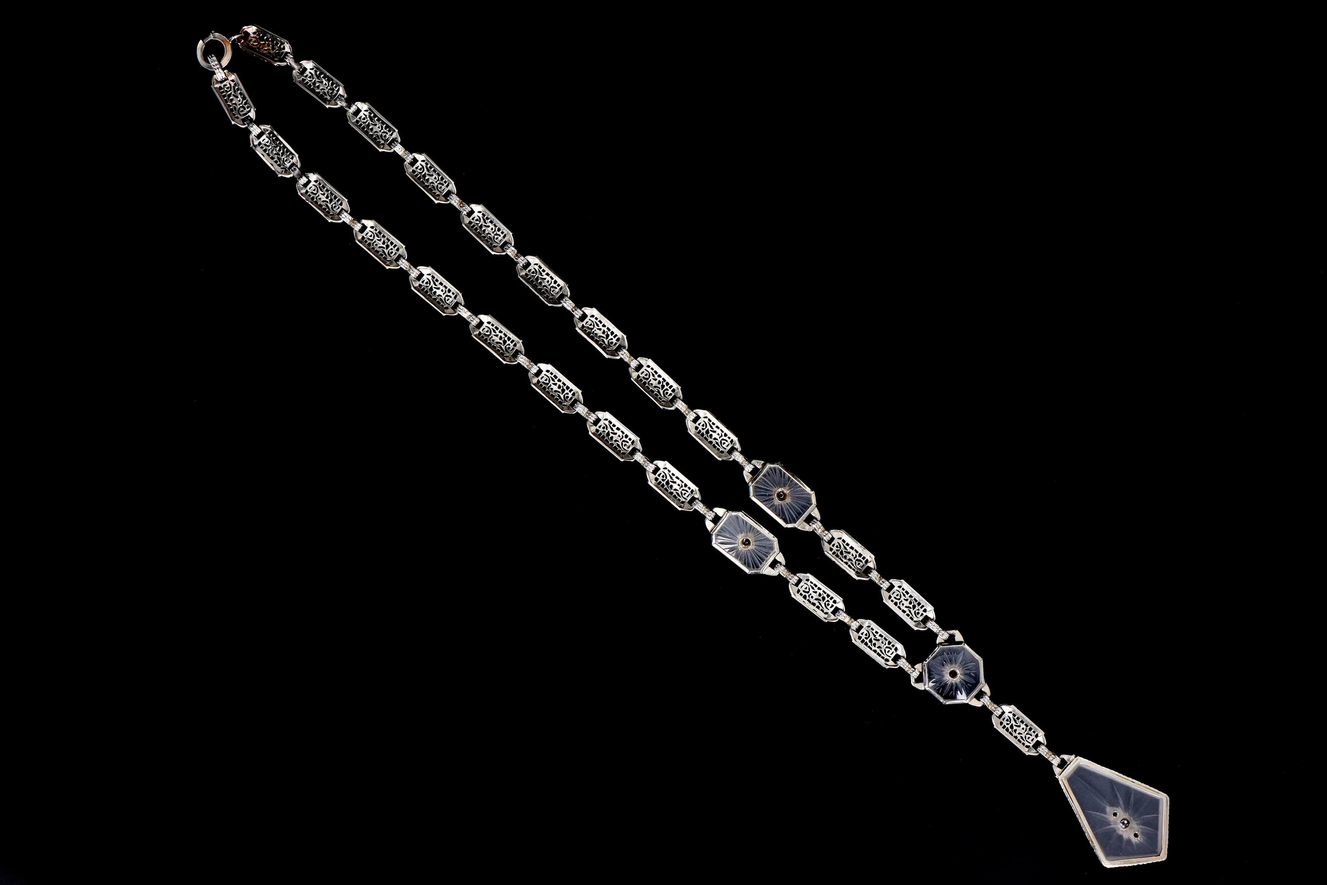 Art Deco 14K White Gold Filigree Rock Crystal & Diamond Necklace