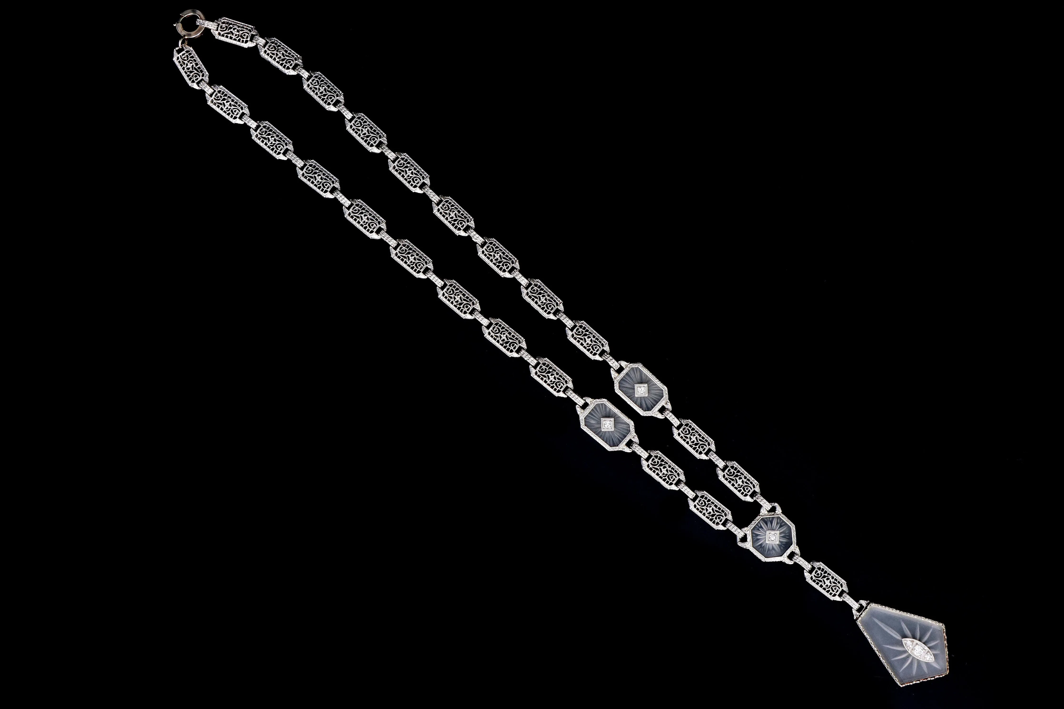 Art Deco 14K White Gold Filigree Rock Crystal & Diamond Necklace