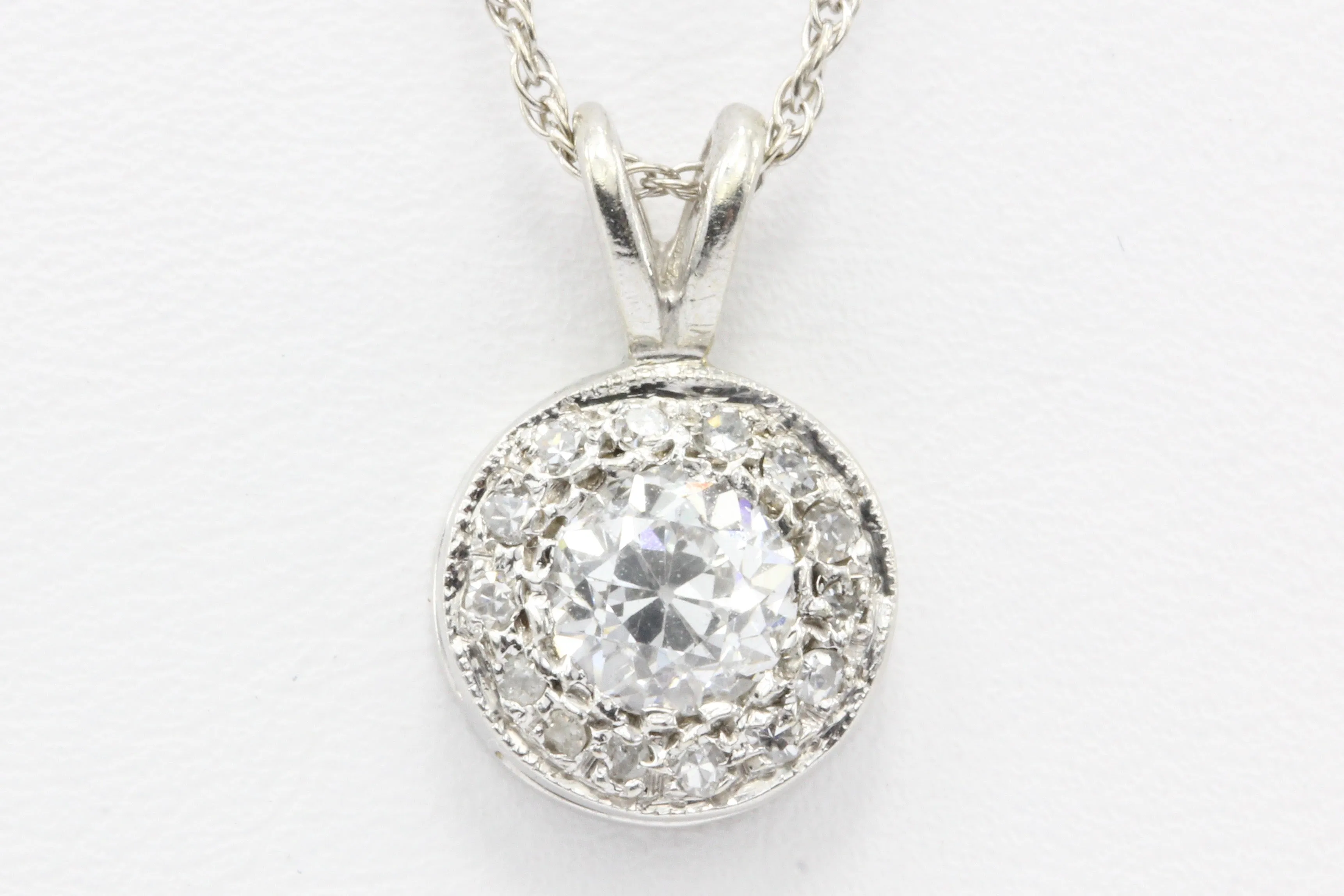 Art Deco 14K White Gold Old European Cut Diamond Pendant Necklace c.1930's