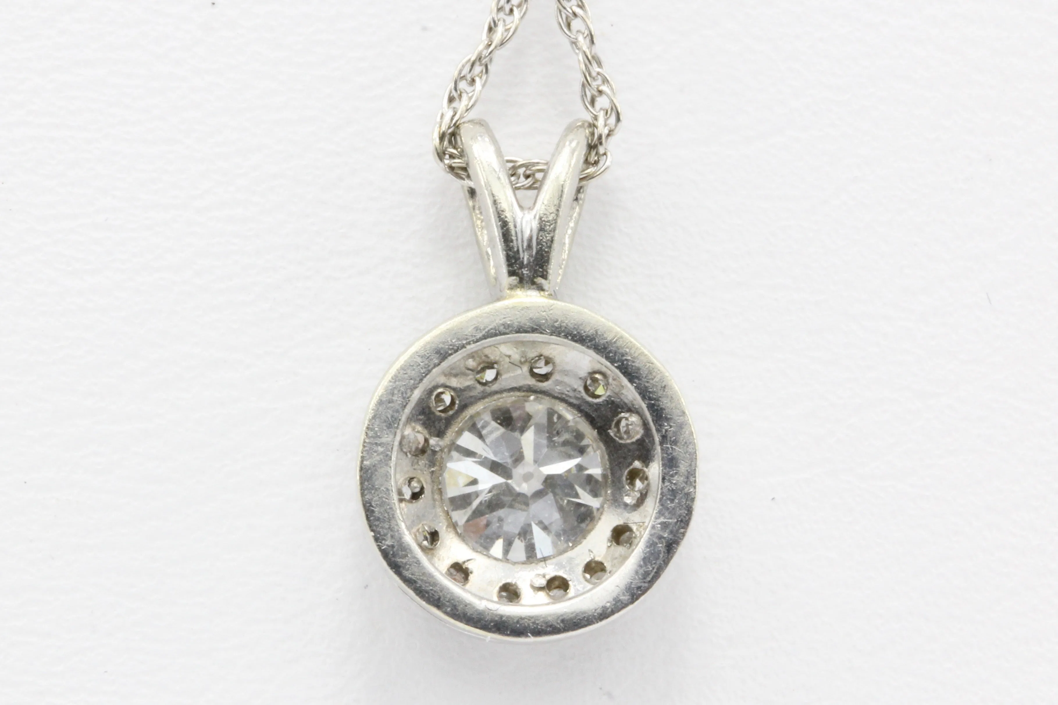 Art Deco 14K White Gold Old European Cut Diamond Pendant Necklace c.1930's