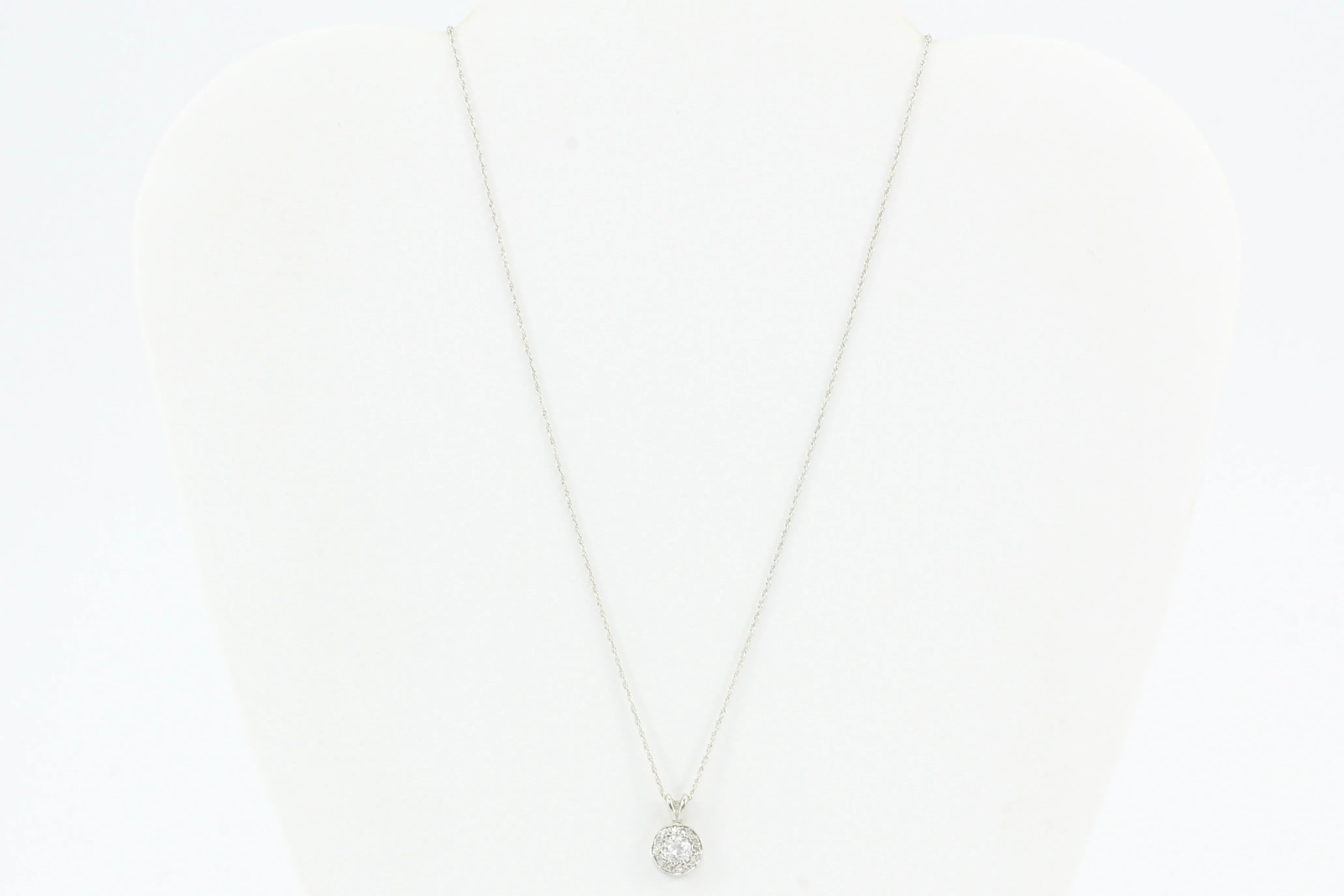 Art Deco 14K White Gold Old European Cut Diamond Pendant Necklace c.1930's