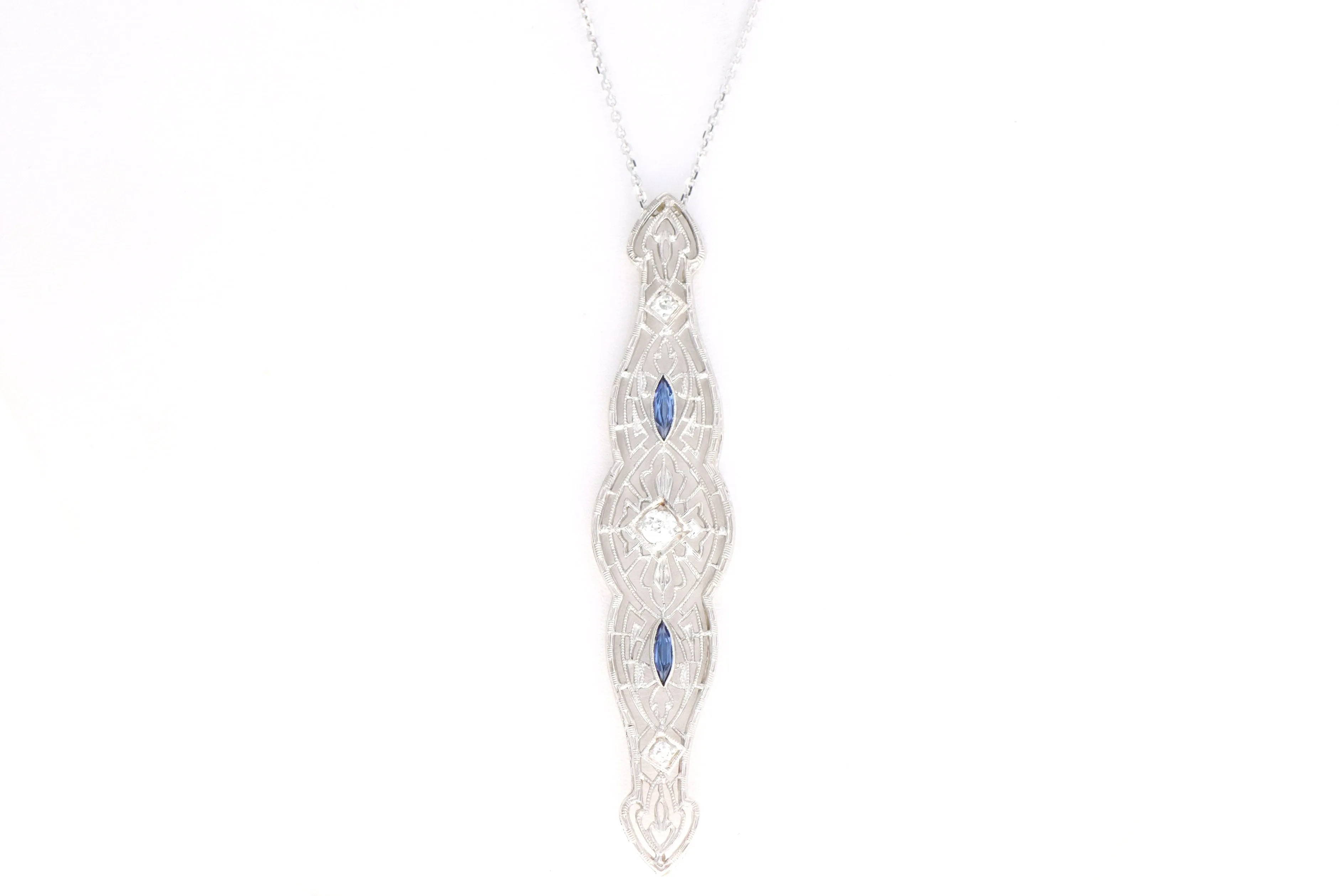 Art Deco 14K White Gold Old European Diamond & Synthetic Sapphire Bar Pin Conversion Pendant Necklace