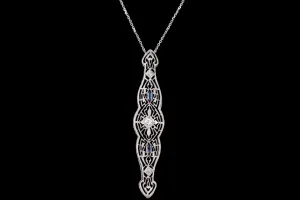 Art Deco 14K White Gold Old European Diamond & Synthetic Sapphire Bar Pin Conversion Pendant Necklace