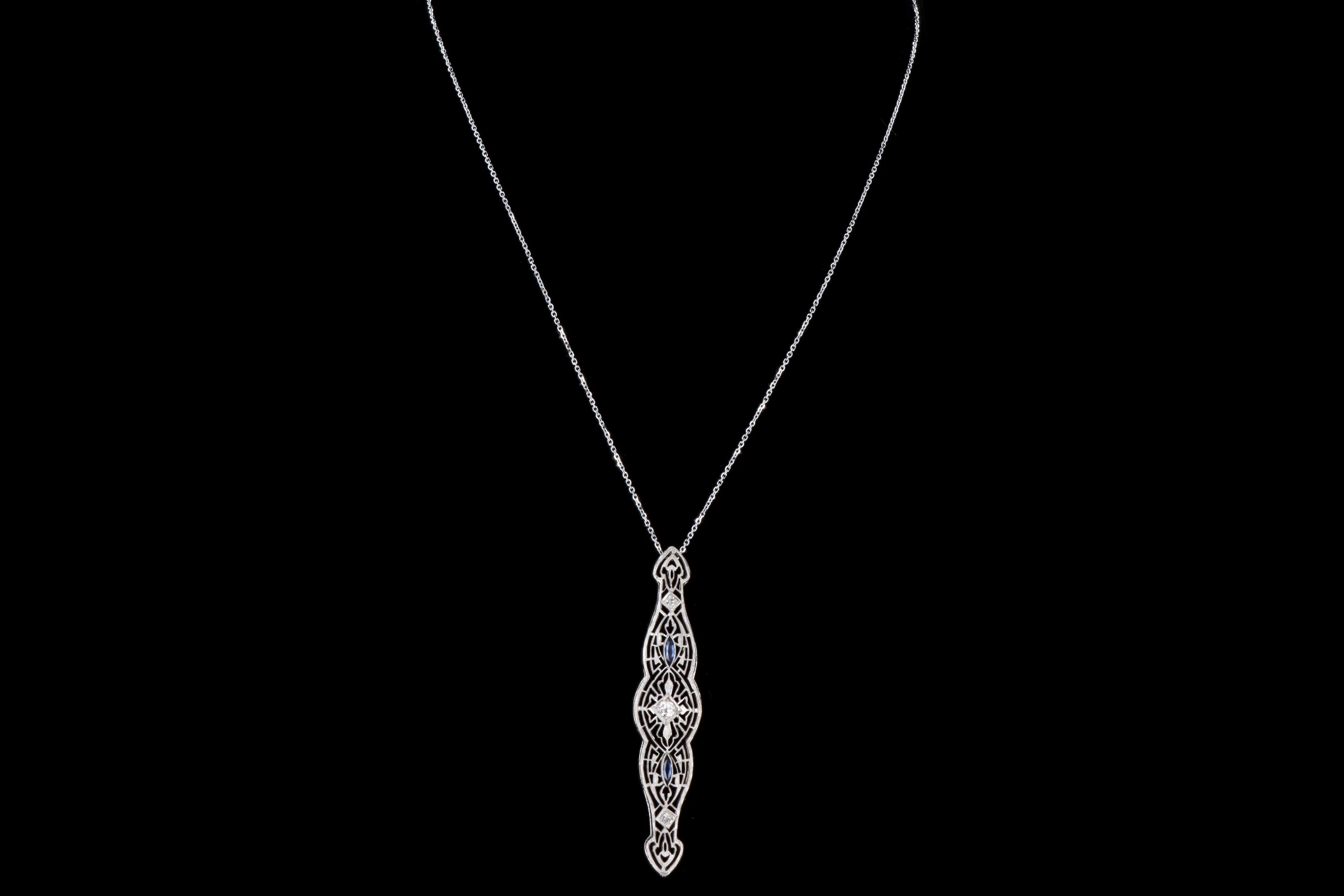 Art Deco 14K White Gold Old European Diamond & Synthetic Sapphire Bar Pin Conversion Pendant Necklace