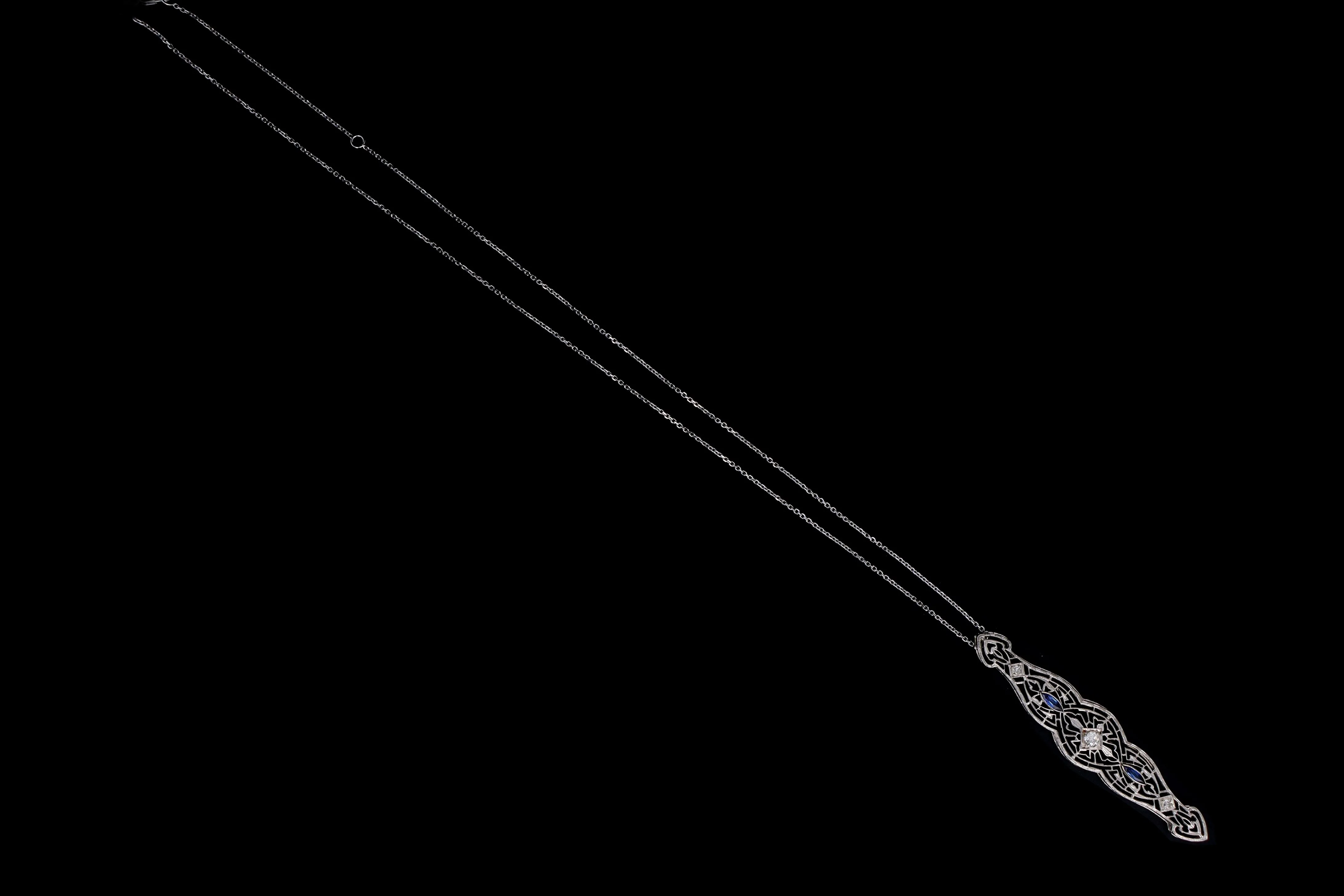 Art Deco 14K White Gold Old European Diamond & Synthetic Sapphire Bar Pin Conversion Pendant Necklace