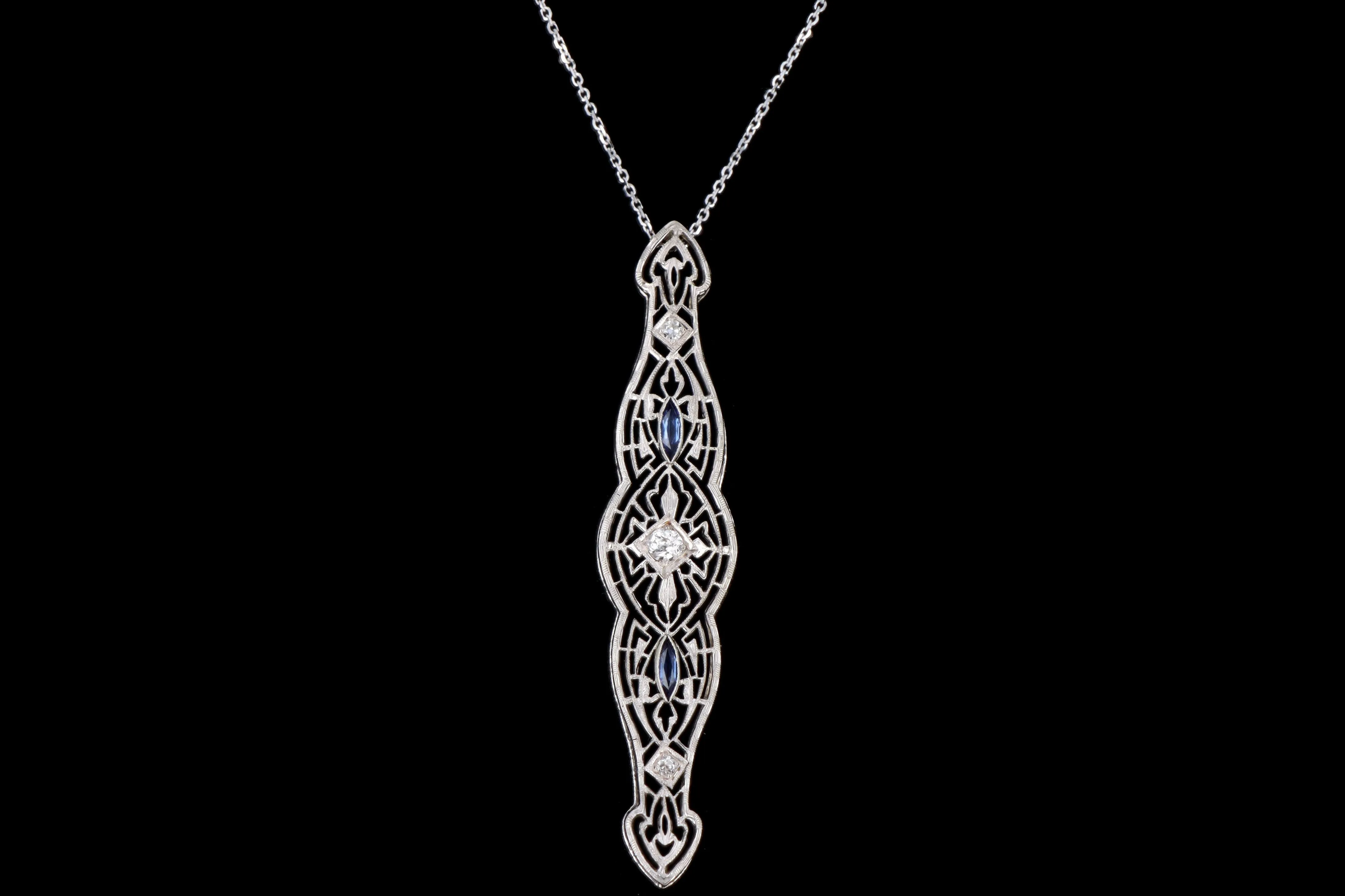 Art Deco 14K White Gold Old European Diamond & Synthetic Sapphire Bar Pin Conversion Pendant Necklace