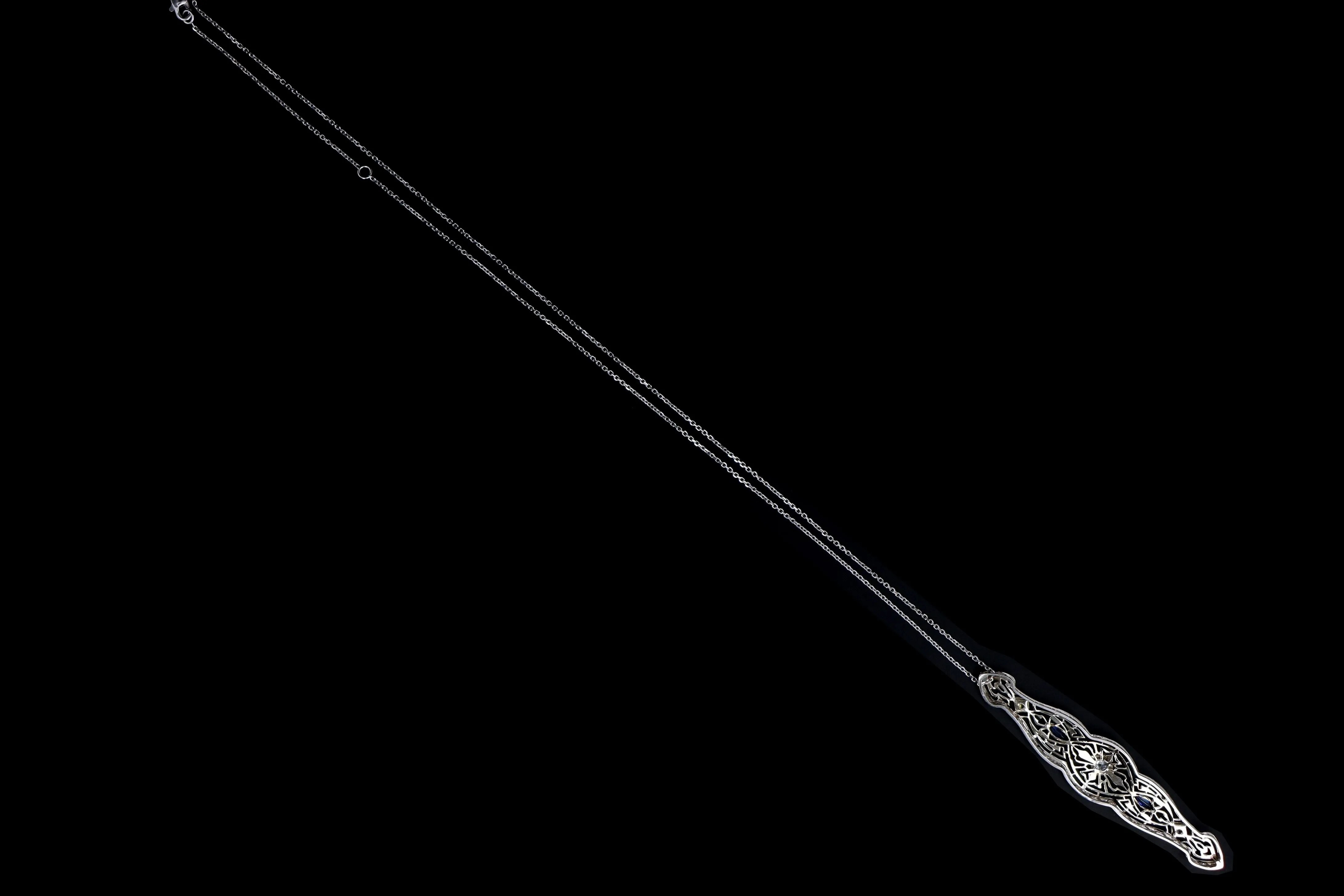 Art Deco 14K White Gold Old European Diamond & Synthetic Sapphire Bar Pin Conversion Pendant Necklace